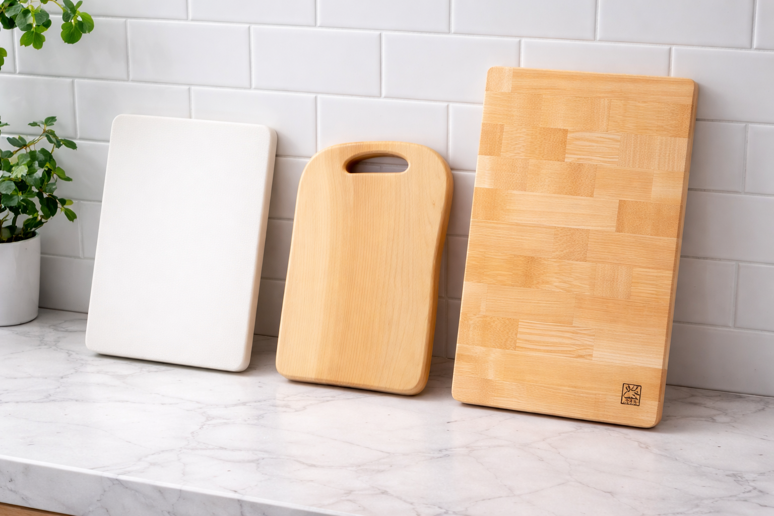 Comparison chart of synthetic rubber, ginkgo wood, and hinoki cypress cutting board materials