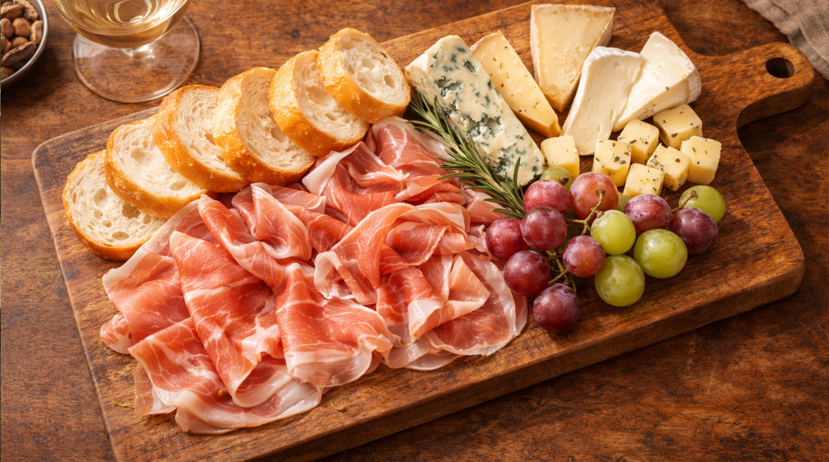 Ham and cheese arranged on a wooden cutting board as a serving platter
