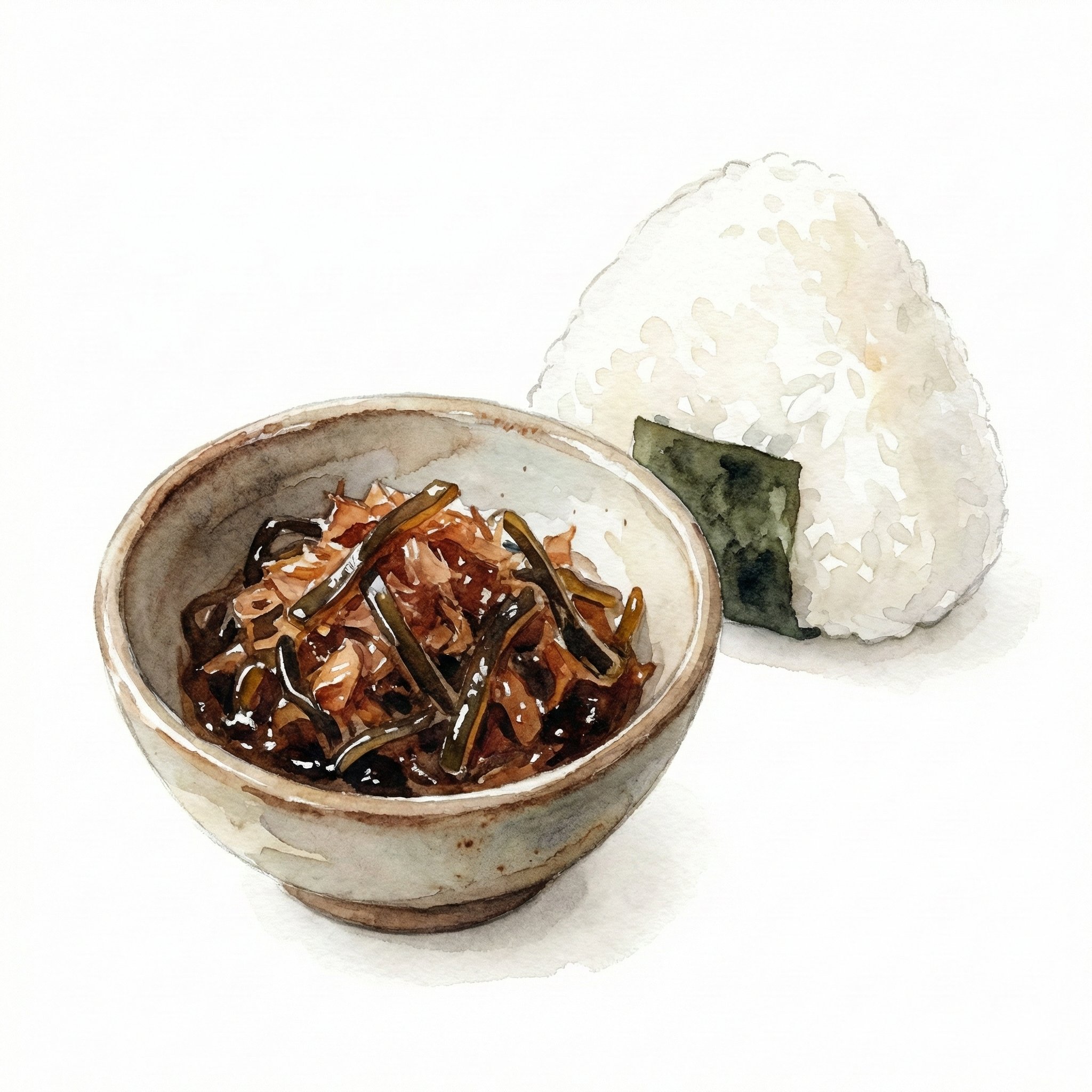 Illustration of homemade furikake made from spent dashi solids, with rice balls