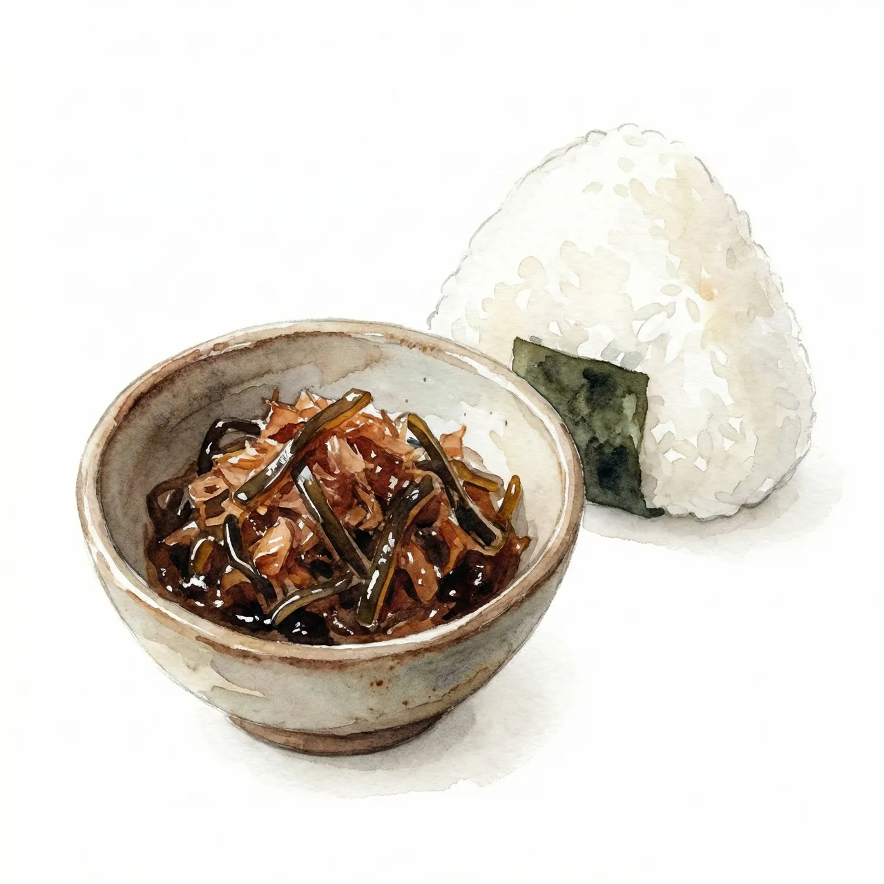 Illustration of homemade furikake made from spent dashi solids, with rice balls