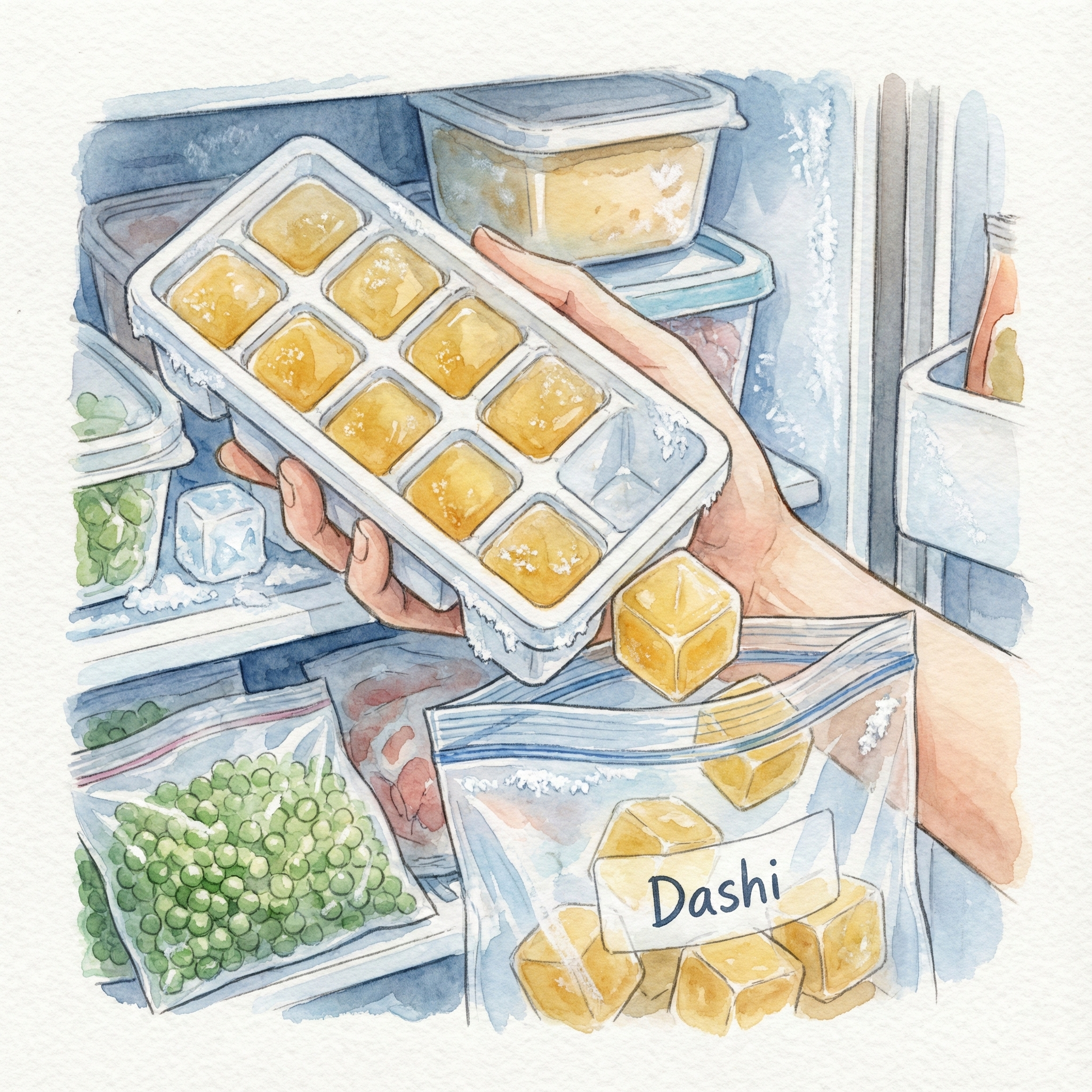 Illustration of dashi being frozen in an ice cube tray