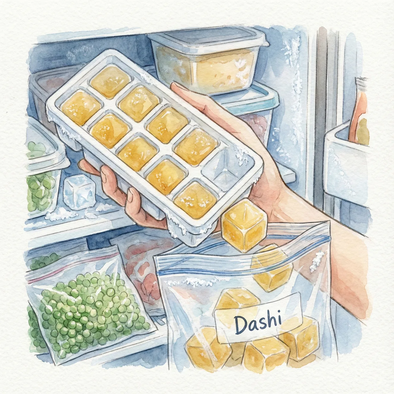 Illustration of dashi being frozen in an ice cube tray