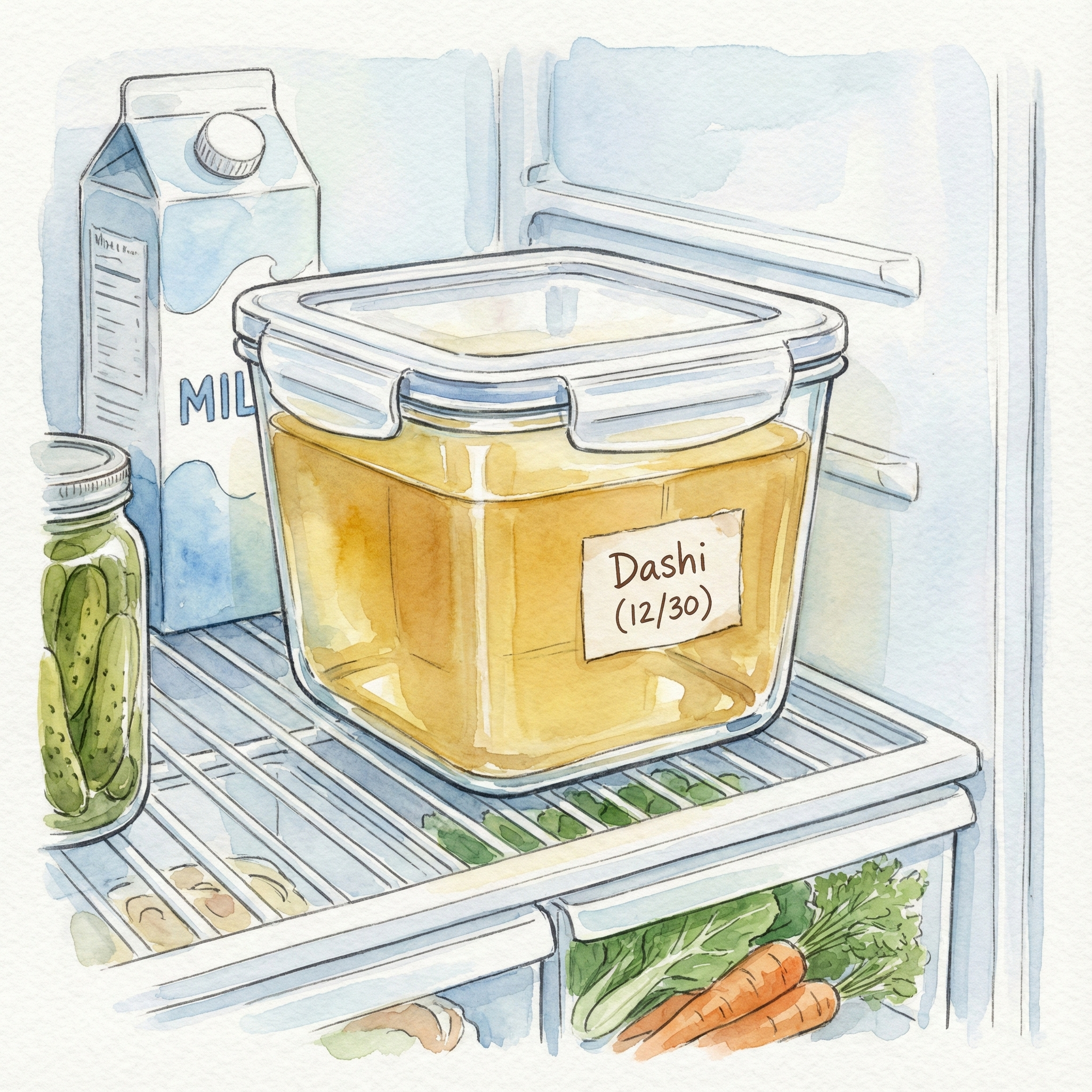 Illustration of dashi stored in an airtight container in the refrigerator
