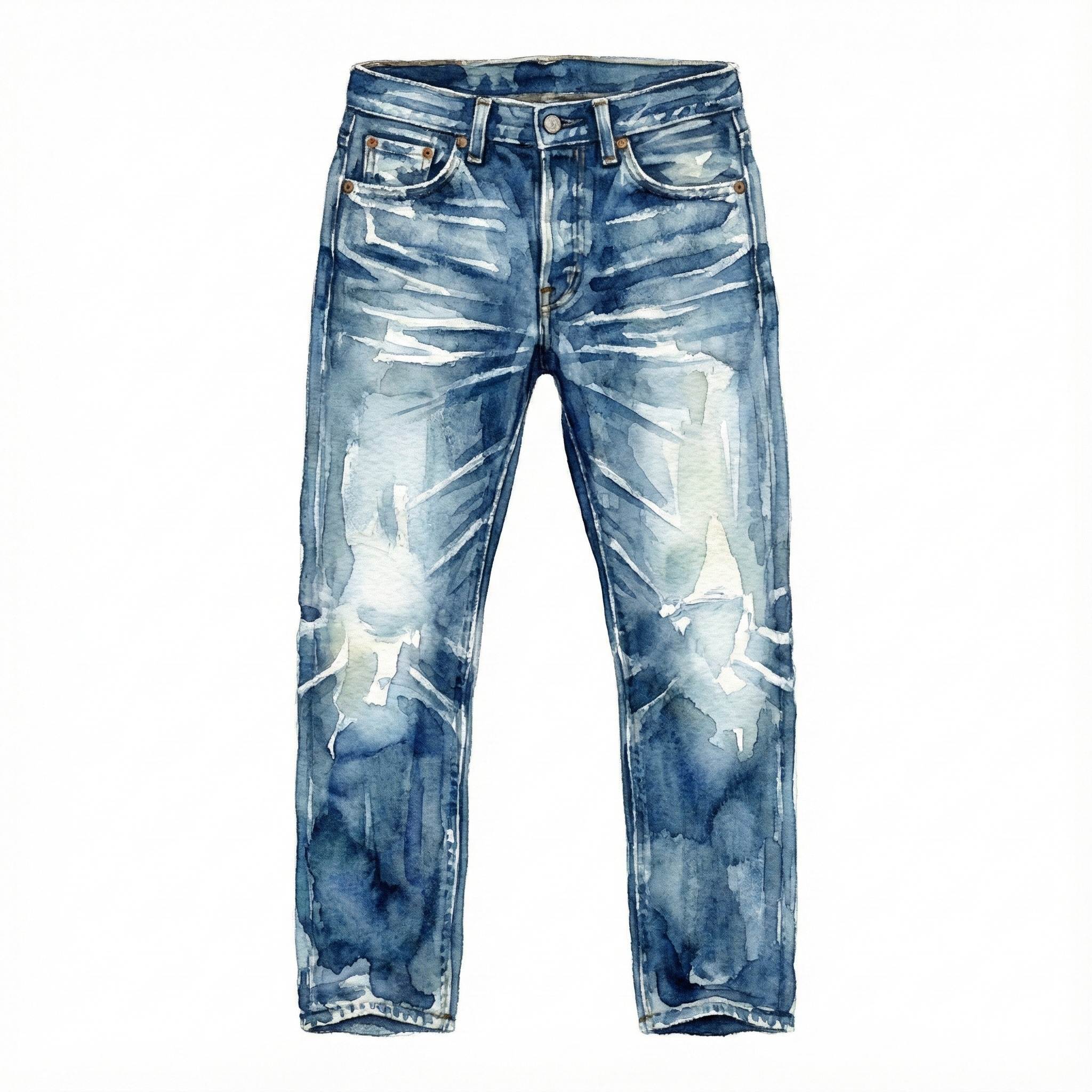 Well-worn jeans showing natural fading: whisker lines at the thigh, honeycomb creases behind the knee