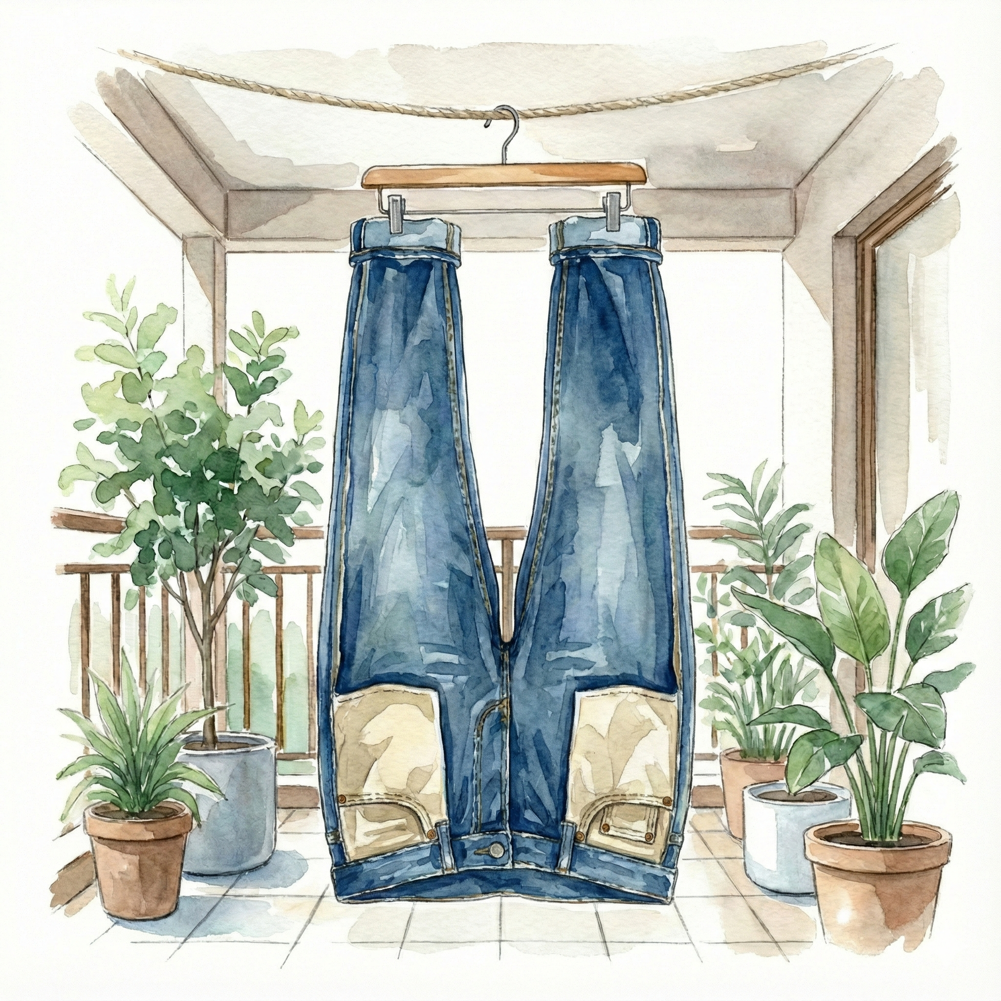 Illustration of jeans hung upside-down by the hem with clothespins, drying inside-out in the shade