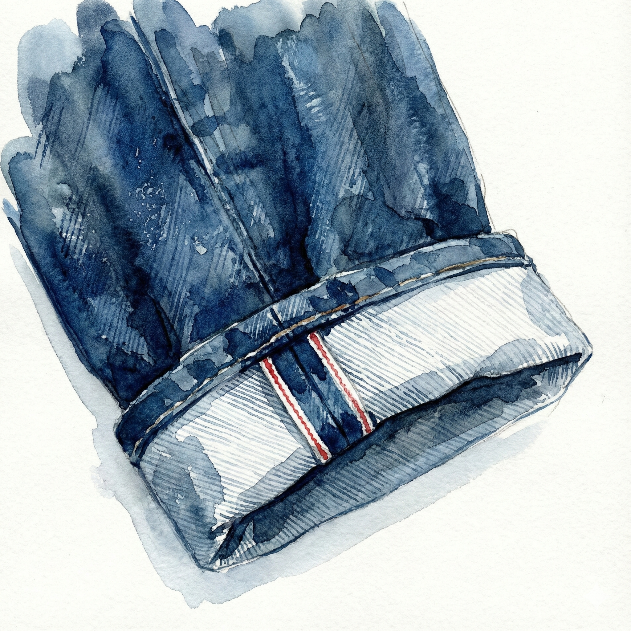 Rolled-up jeans cuff showing the red selvedge line — the mark of shuttle-loom denim