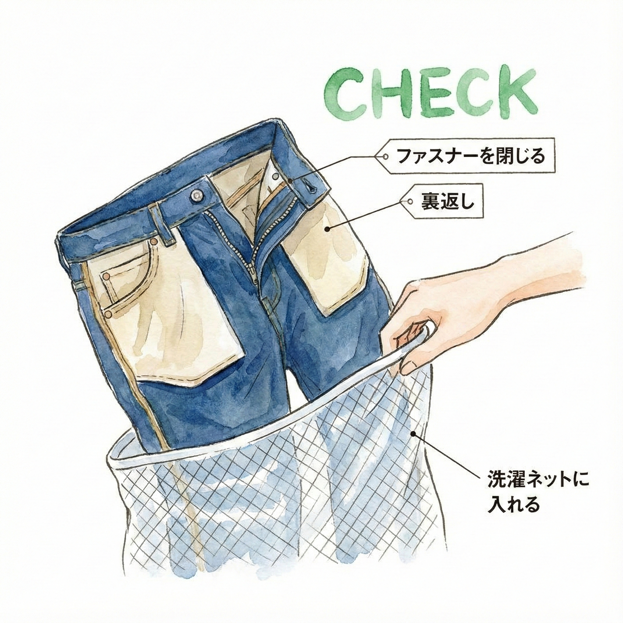 Illustration of turning jeans inside-out and placing them in a mesh laundry bag
