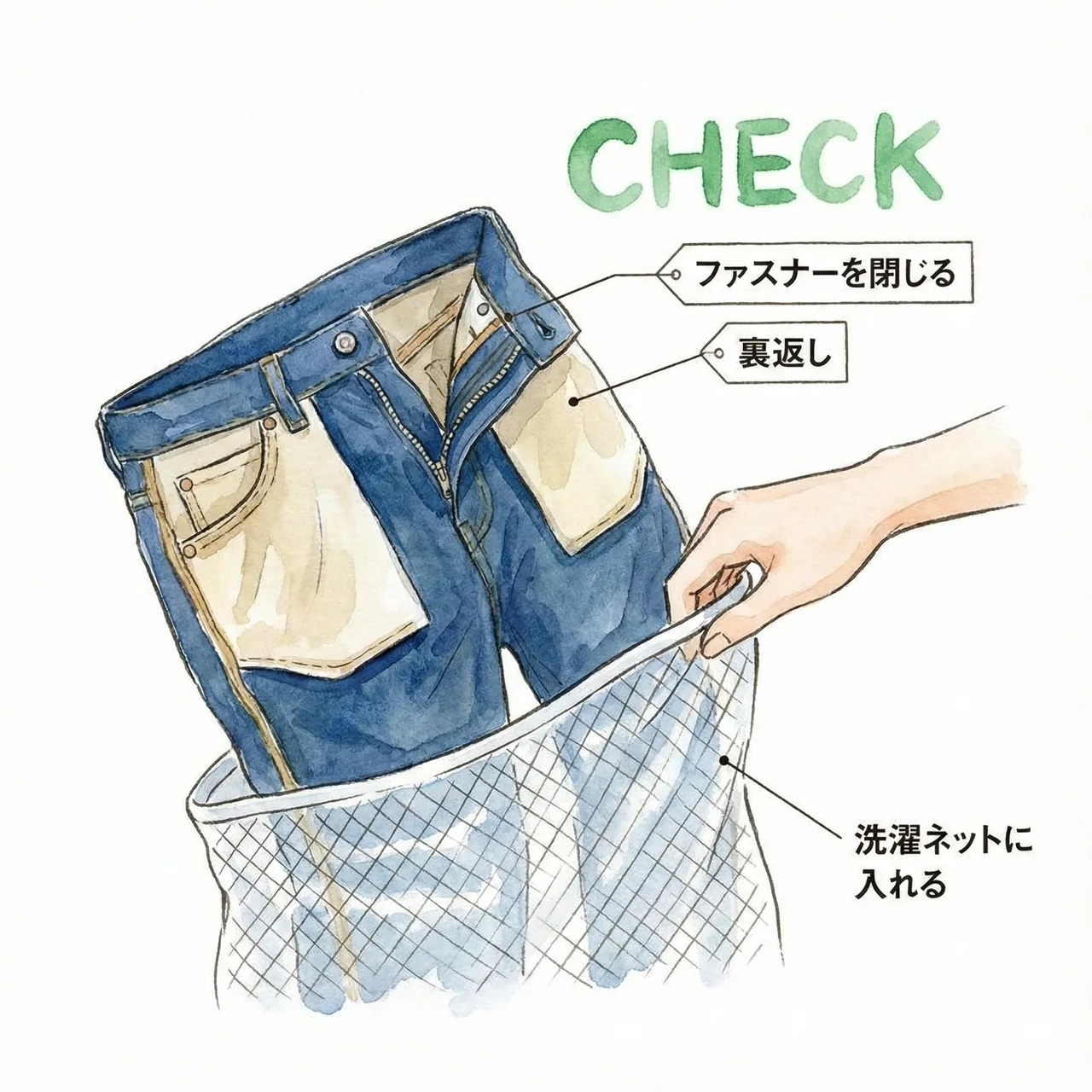 Illustration of turning jeans inside-out and placing them in a mesh laundry bag