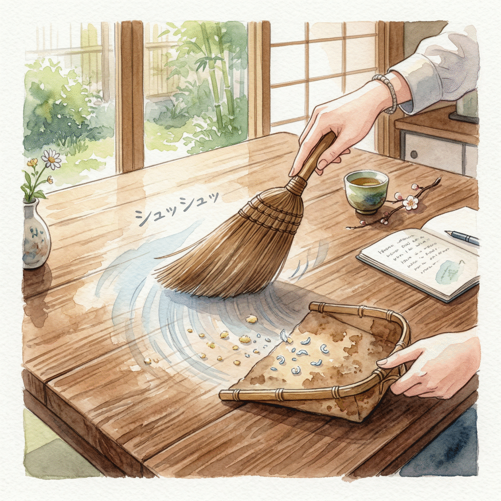 Using a shuro hand broom and harimi dustpan to clean a table surface