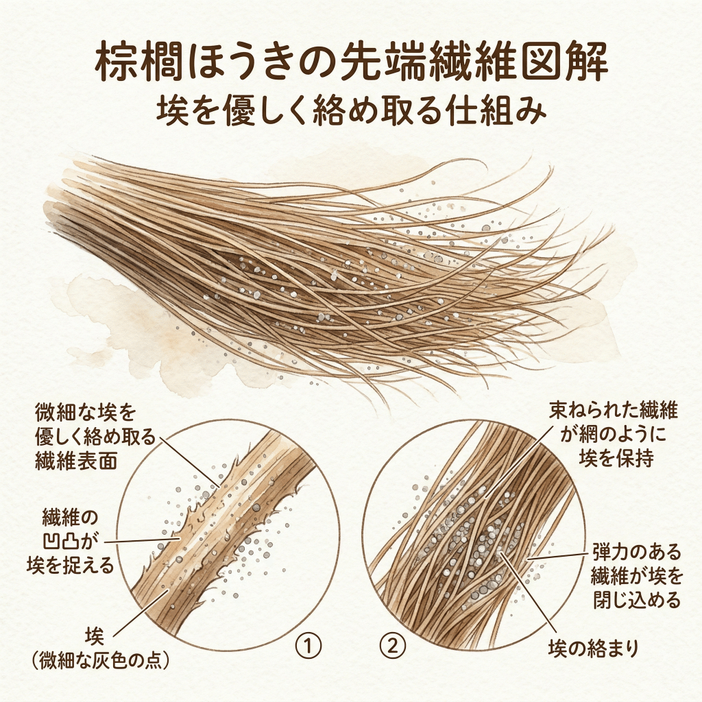 Cross-section of shuro fiber bundle showing how flexible fibers trap dust