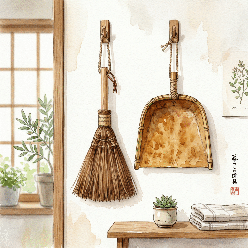 Shuro broom and harimi hanging from wall hooks as part of a workspace setup