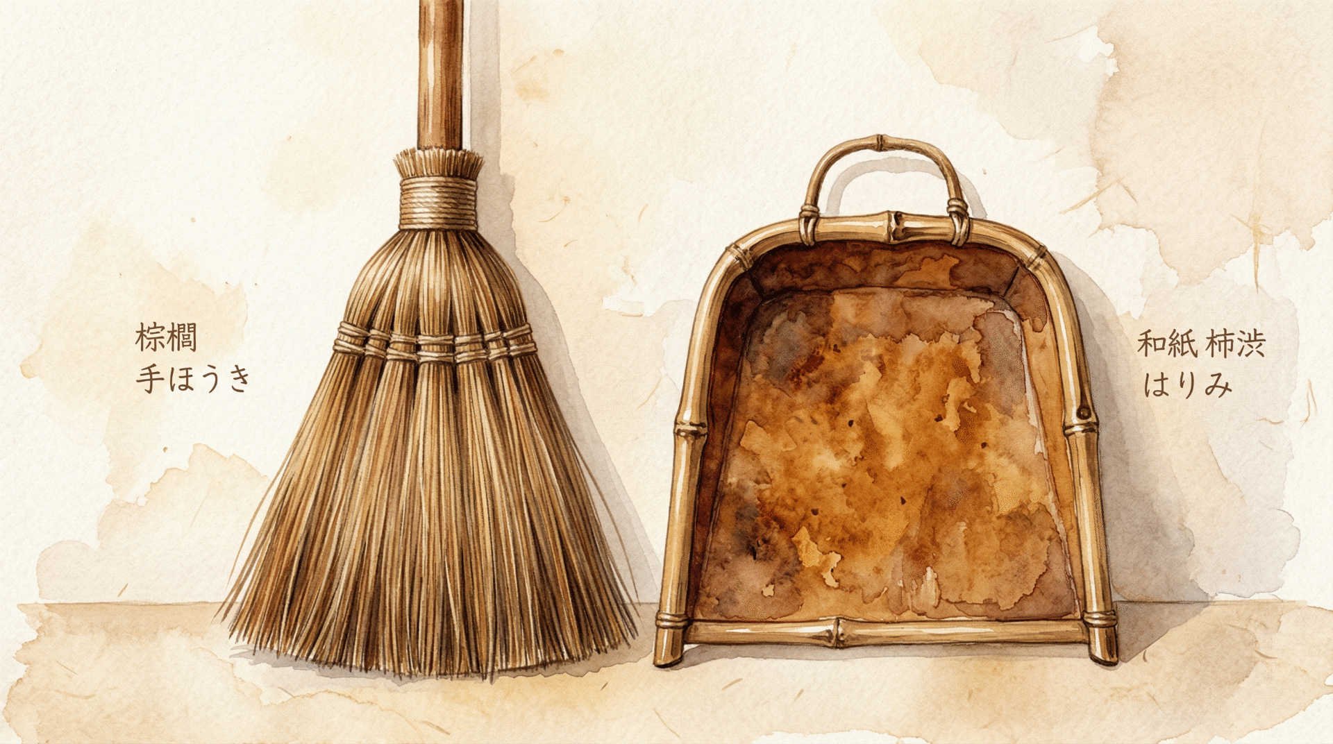 Shuro palm fiber hand broom (left) and harimi washi paper dustpan (right)