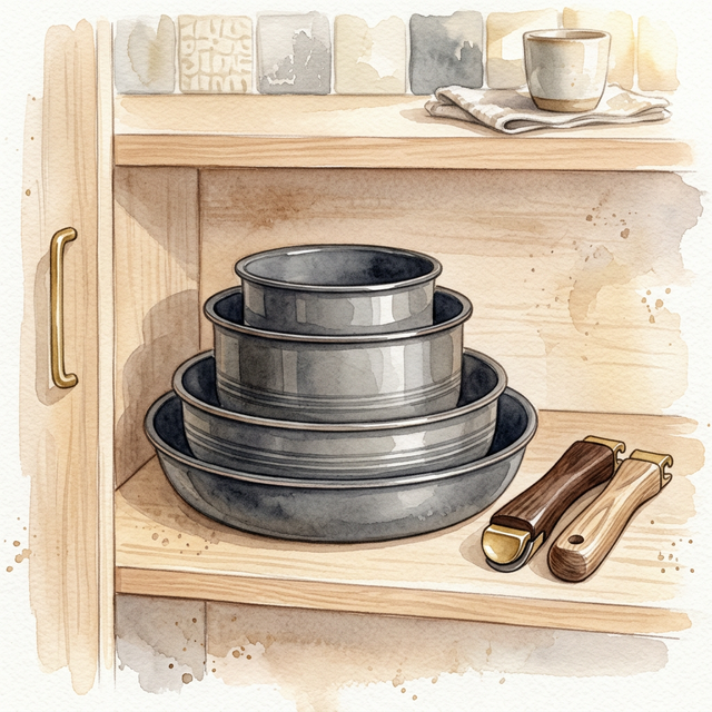 Detachable handle pan with compact stacked storage