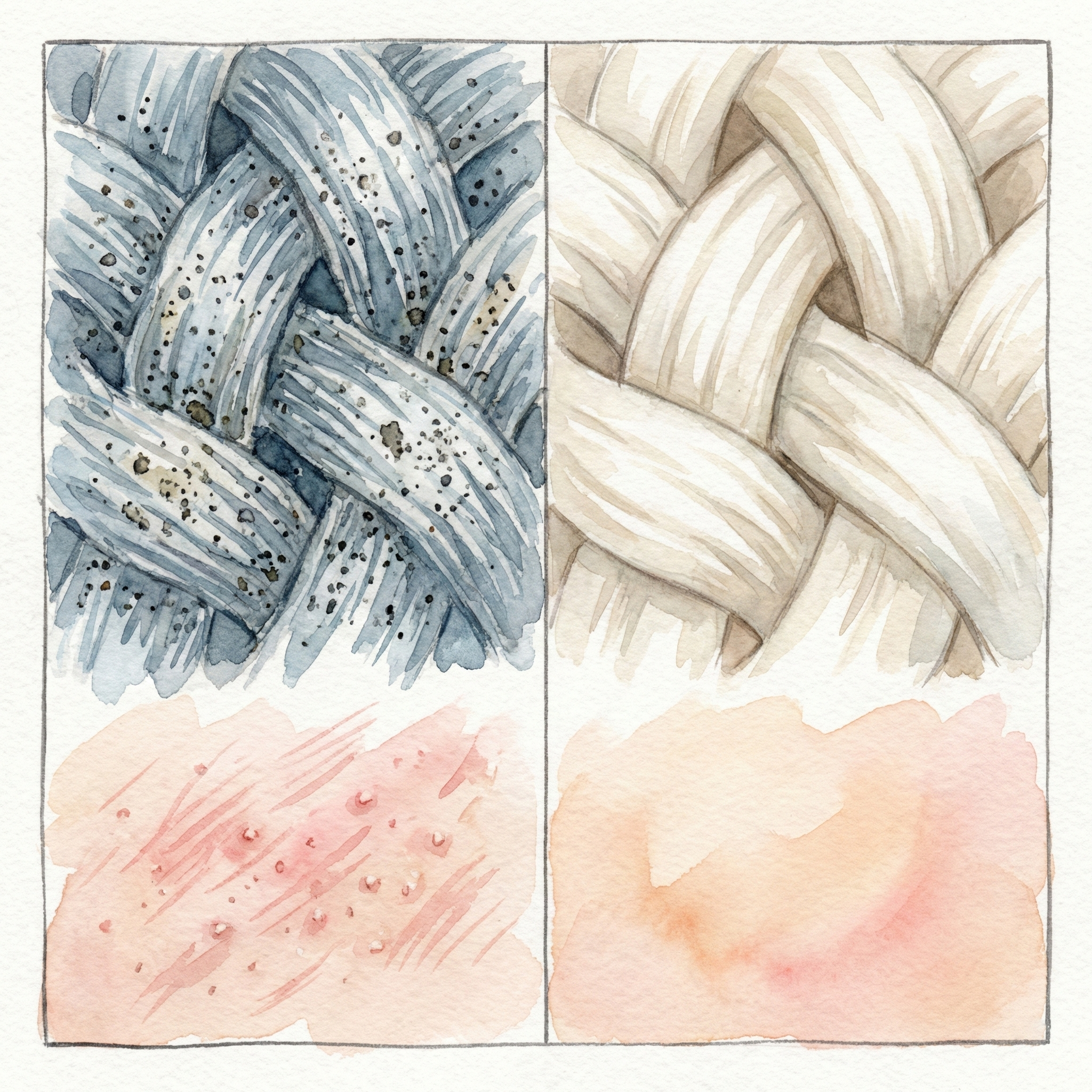 Comparison illustration showing detergent residue remaining in fabric fibers after washing, and how it contacts skin