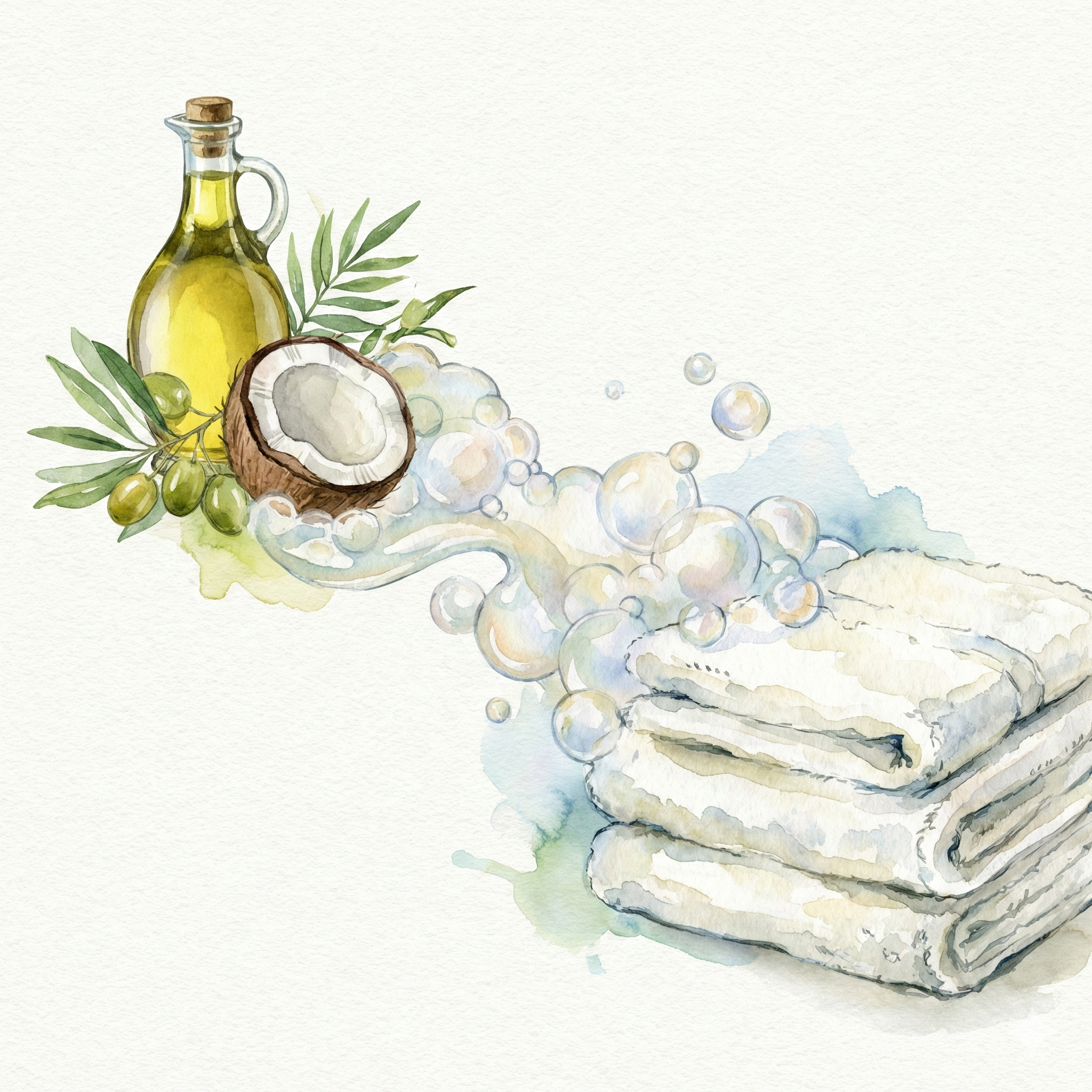 Illustration of natural plant oils (olive, coconut) and a fluffy, absorbent towel washed with pure soap