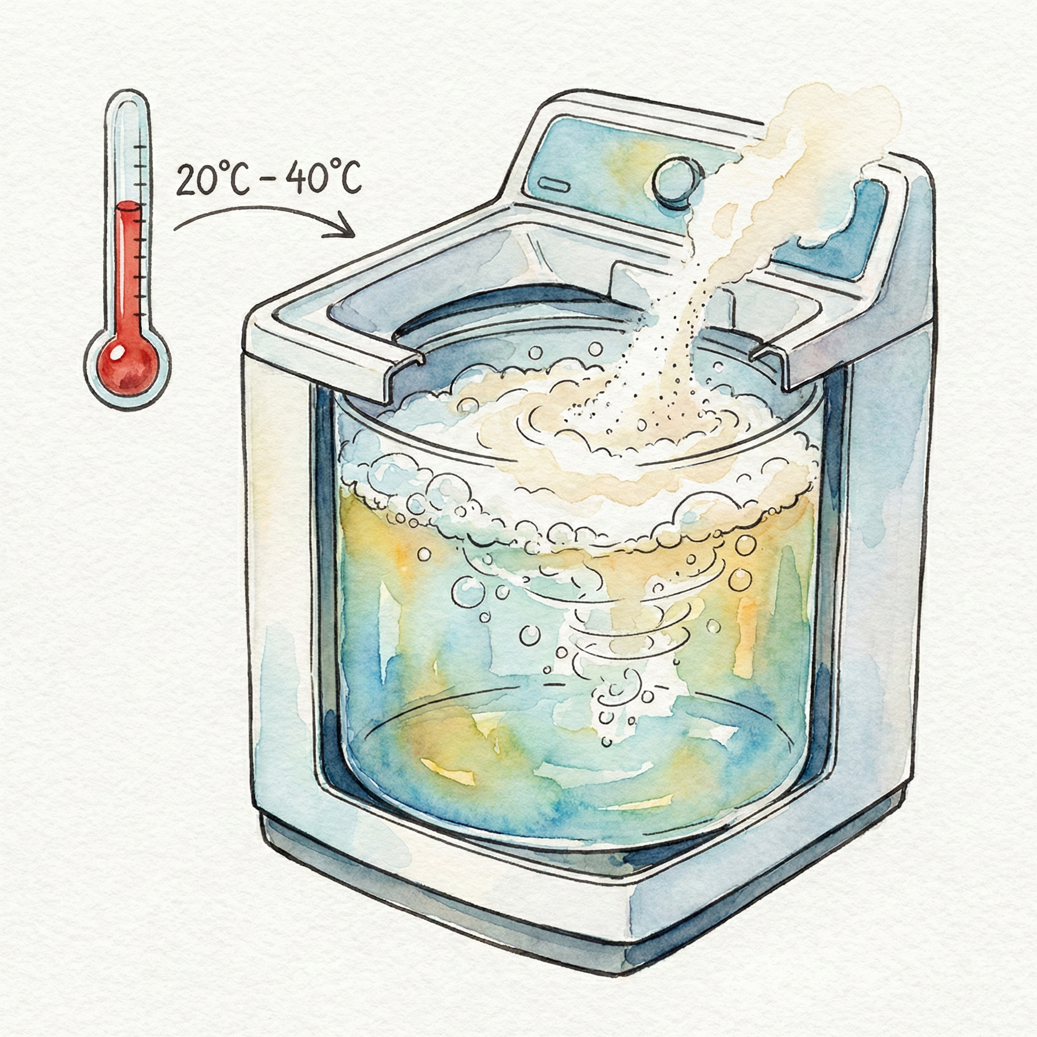 Illustration of warm water being added to a washing machine, with a thermometer showing the ideal 20–40°C range