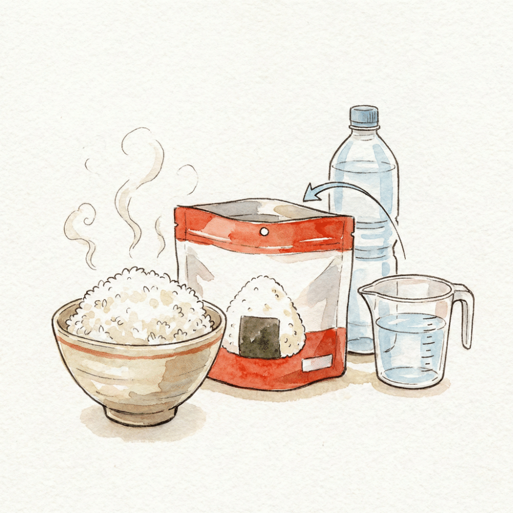 Illustration of an Oshinishokuhin alpha rice package alongside the finished rice after adding water