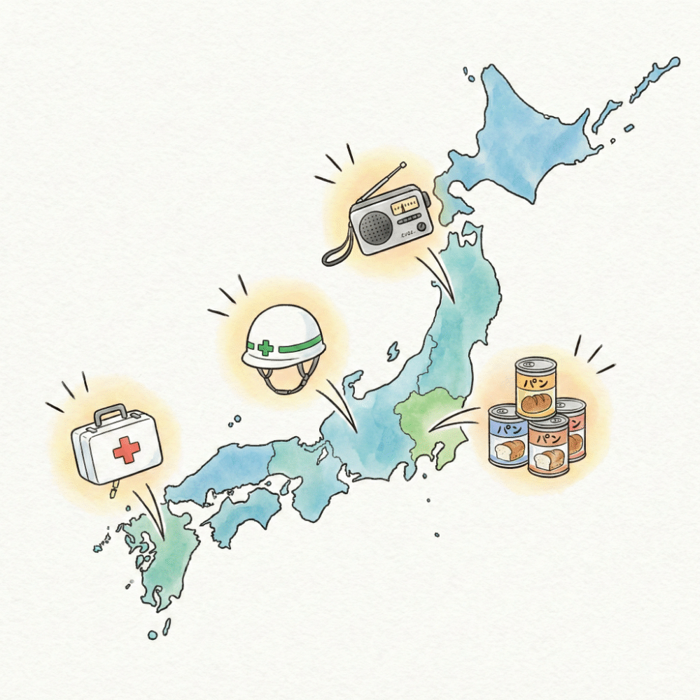 Illustration of a Japan map alongside disaster preparedness products passing rigorous quality control before shipping