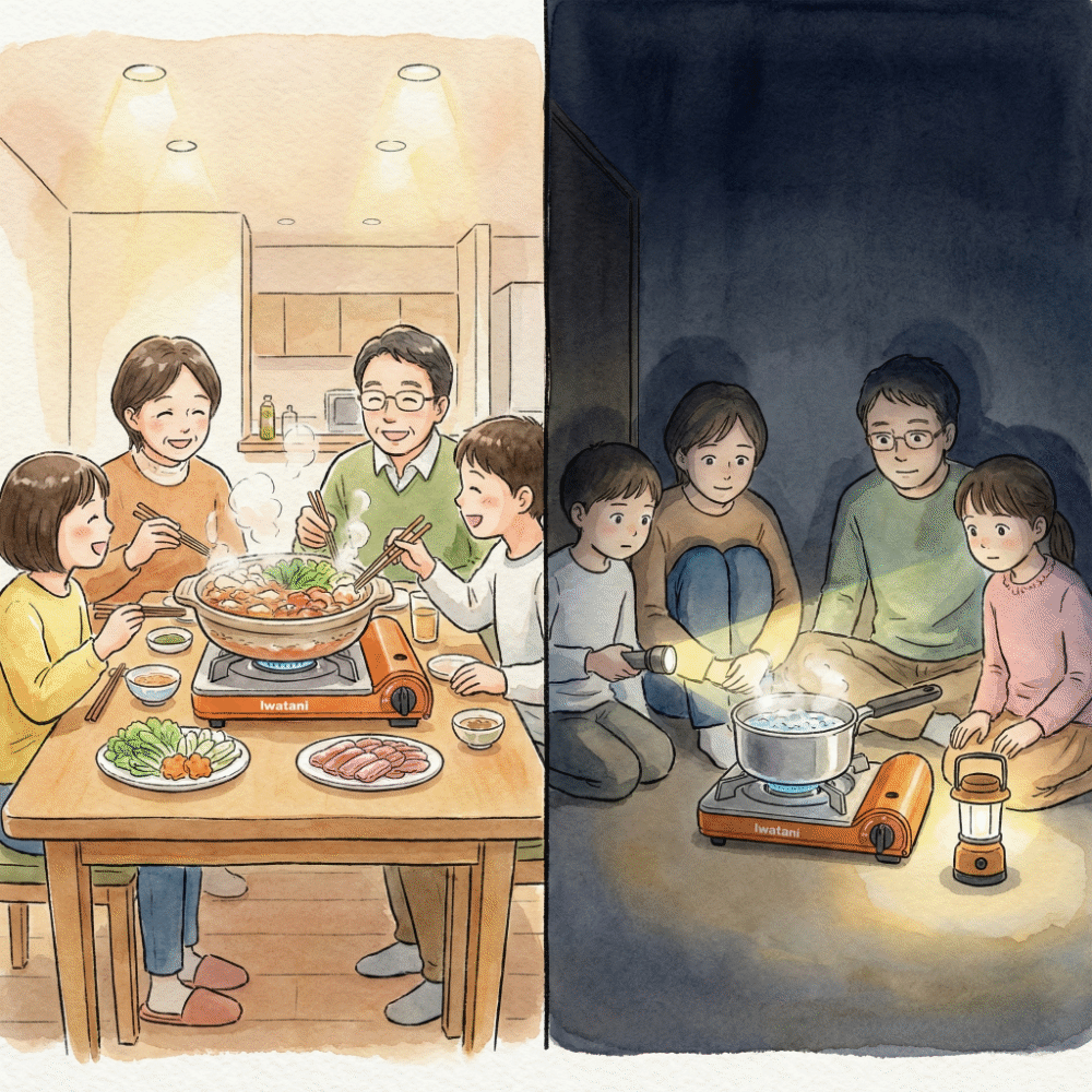 Illustration contrasting a cassette stove used at a dinner table versus a camp burner boiling water during a blackout