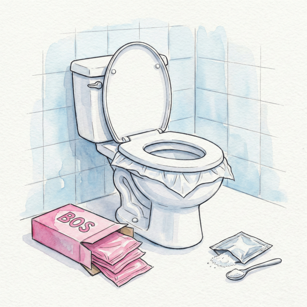 Illustration of a portable toilet bag set up over a toilet seat, and the BOS odor-proof bag alongside