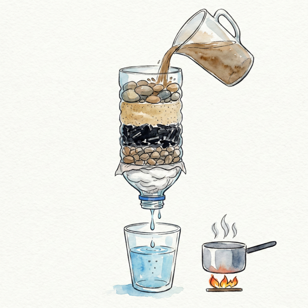 Illustration of the mizu-Q PLUS attached to a PET bottle of murky water, with clean clear water pouring into a glass