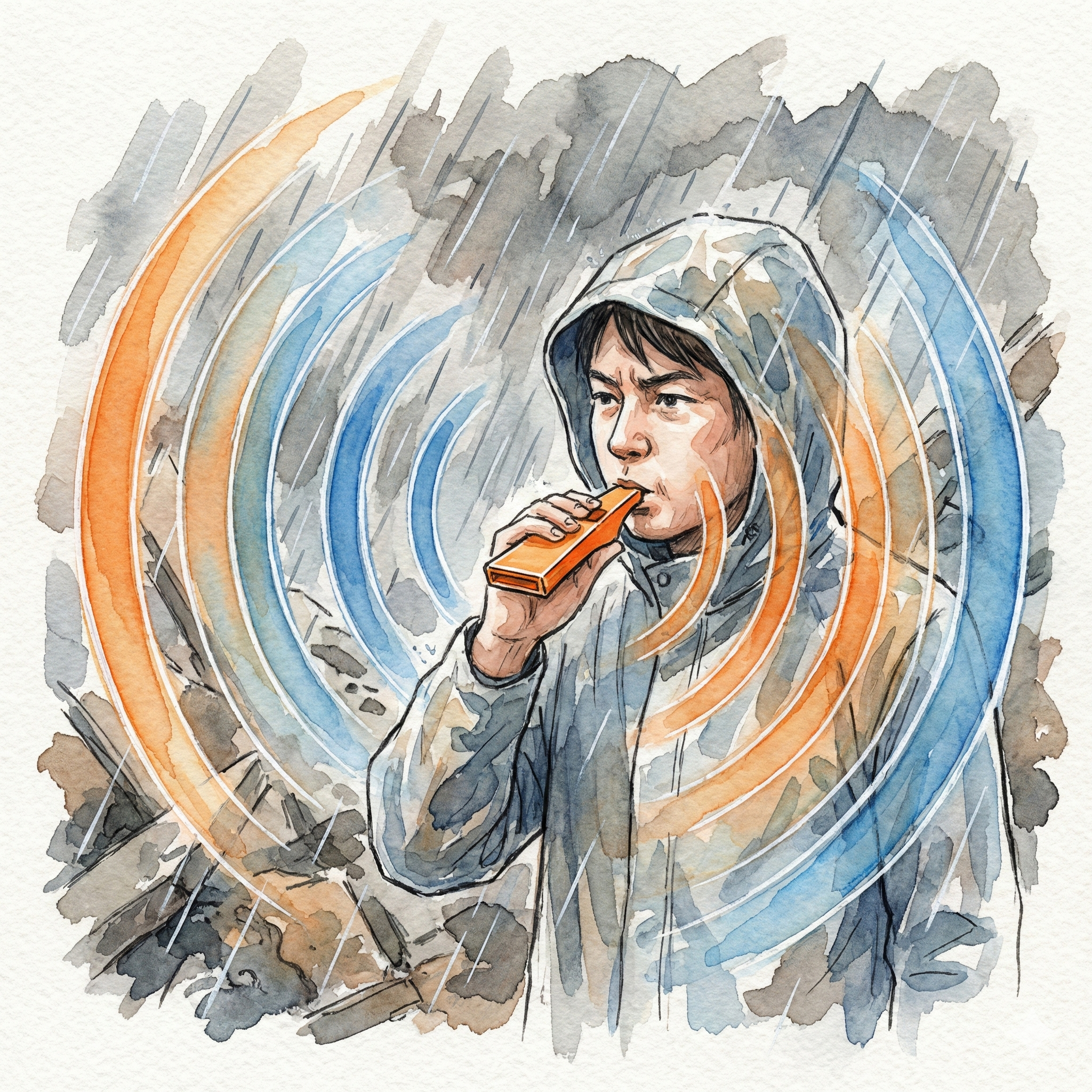 Illustration of someone blowing the Kokuyo Twin Wave with two rippling sound waves radiating outward