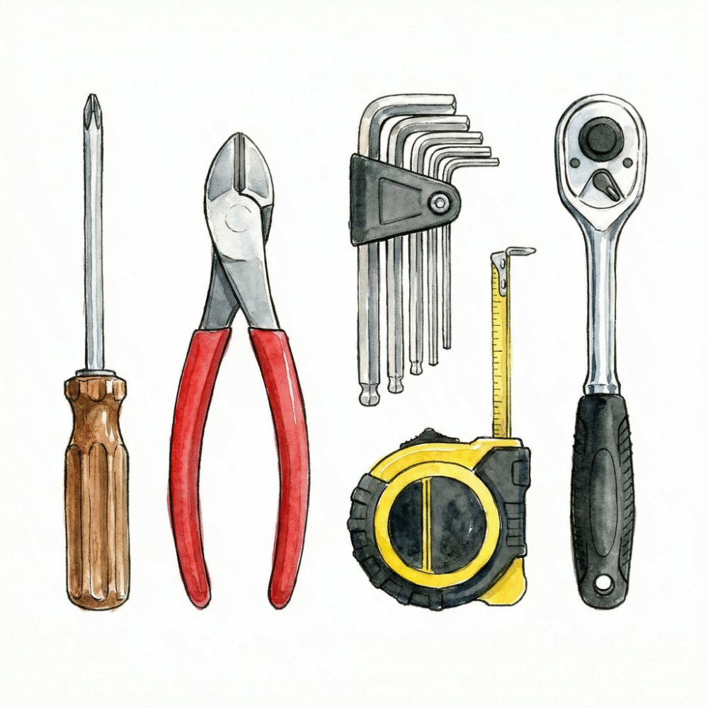 Illustration of a basic beginner's tool kit: screwdriver, pliers, tape measure, hex keys laid out cleanly