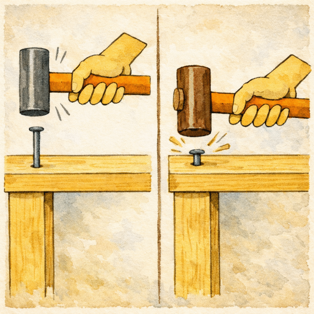 Diagram of a genno hammer showing the flat striking face and the convex face side by side, explaining why the convex face protects the wood surface