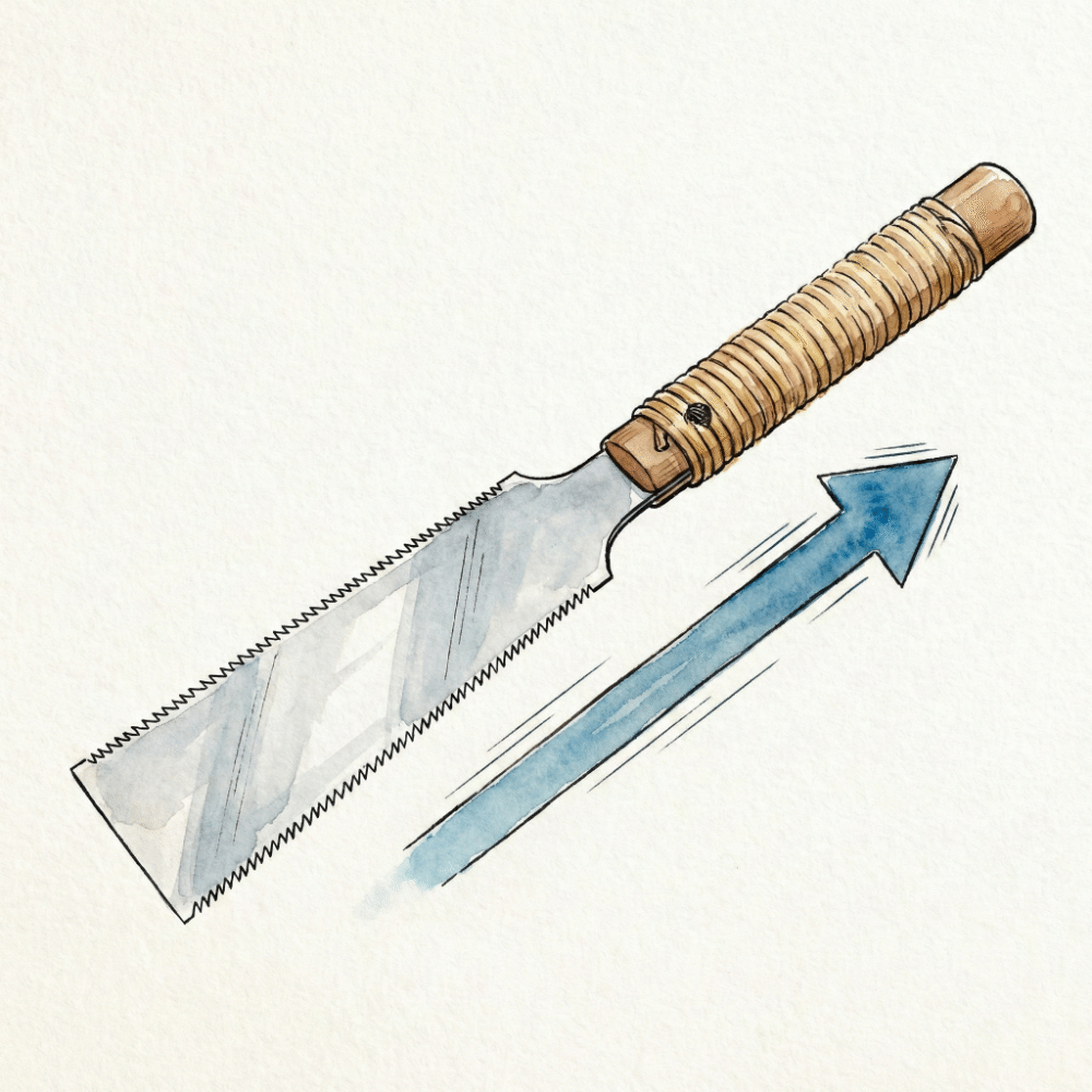 Illustration comparing a Western push-saw (blade in compression, thick) and a Japanese pull-saw (blade in tension, thin) with directional arrows