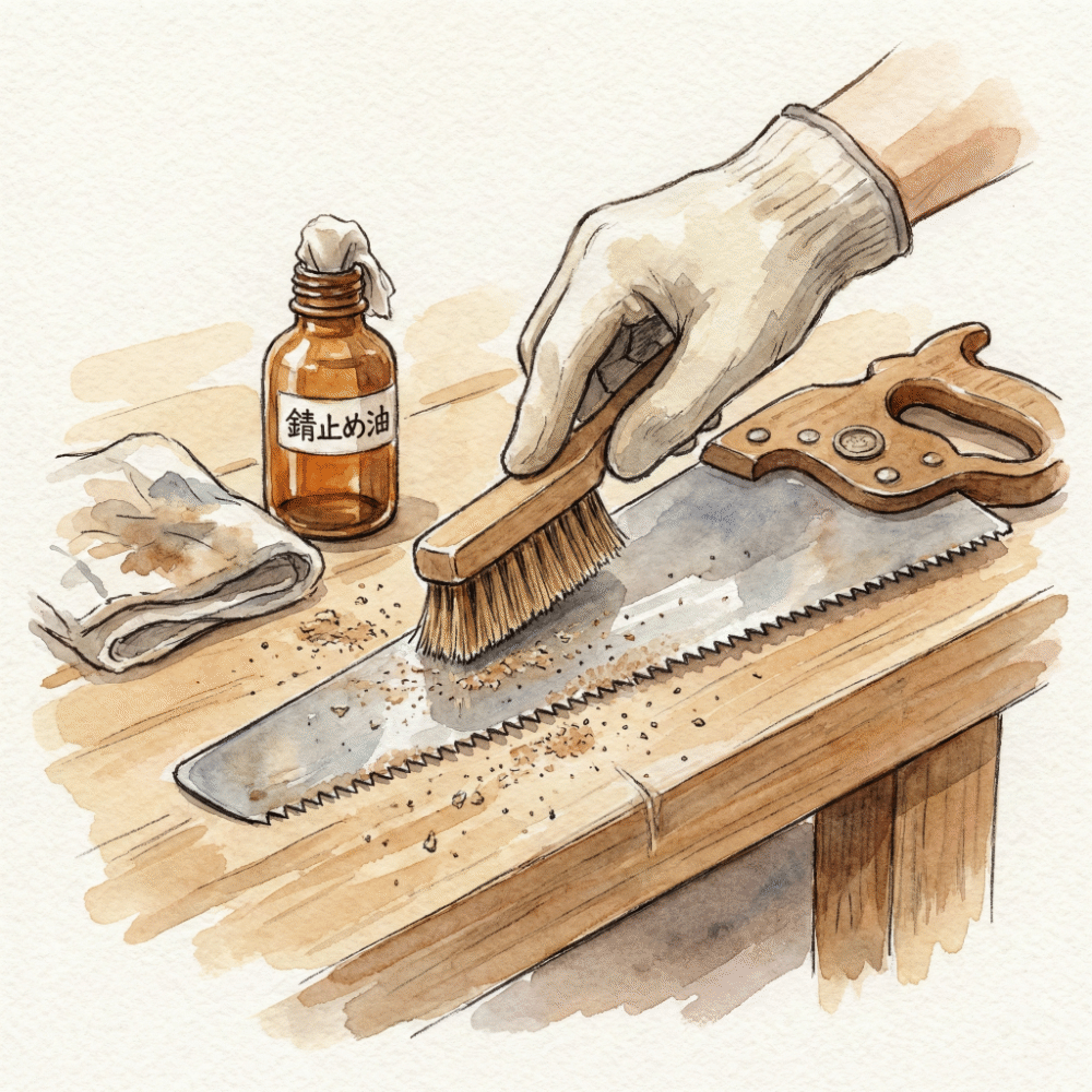 Illustration of applying anti-rust oil to a saw blade with a brush sweeping wood dust from the teeth