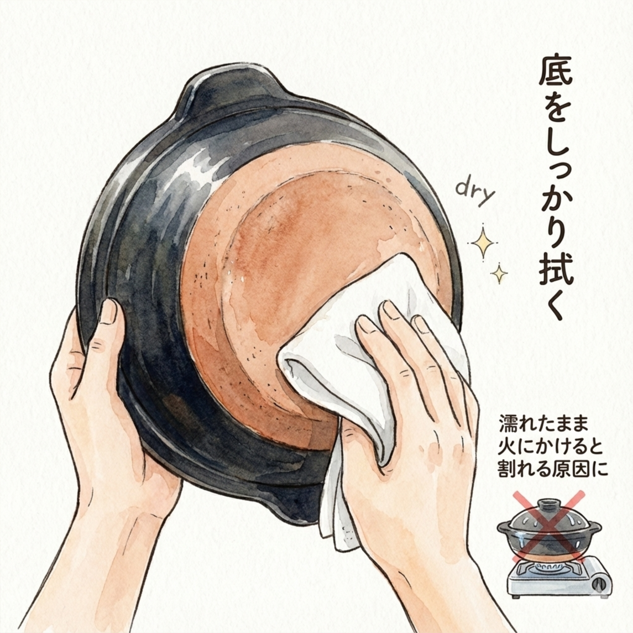 Wiping the bottom of a donabe dry before placing it on the stove