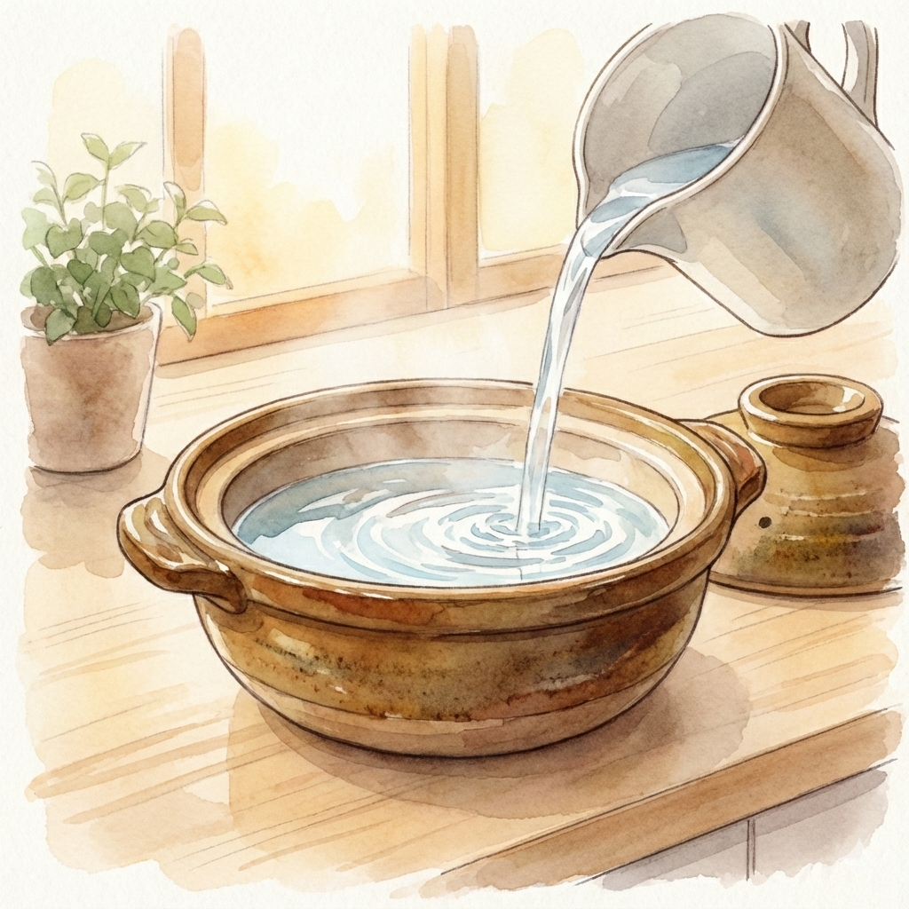 Illustration of filling a donabe with water before the medome seasoning process