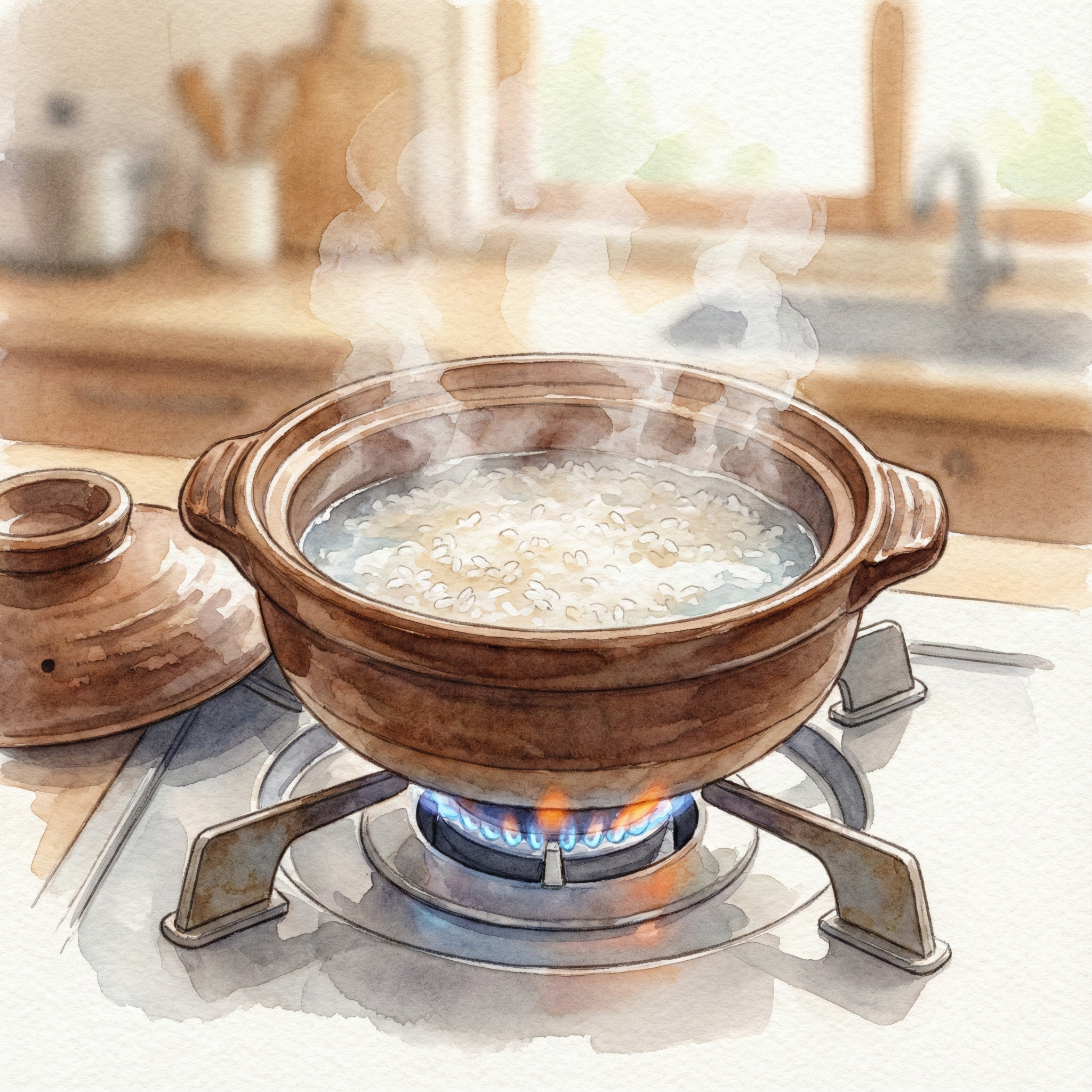 Illustration of cooking rice porridge in a donabe over low heat for the medome process