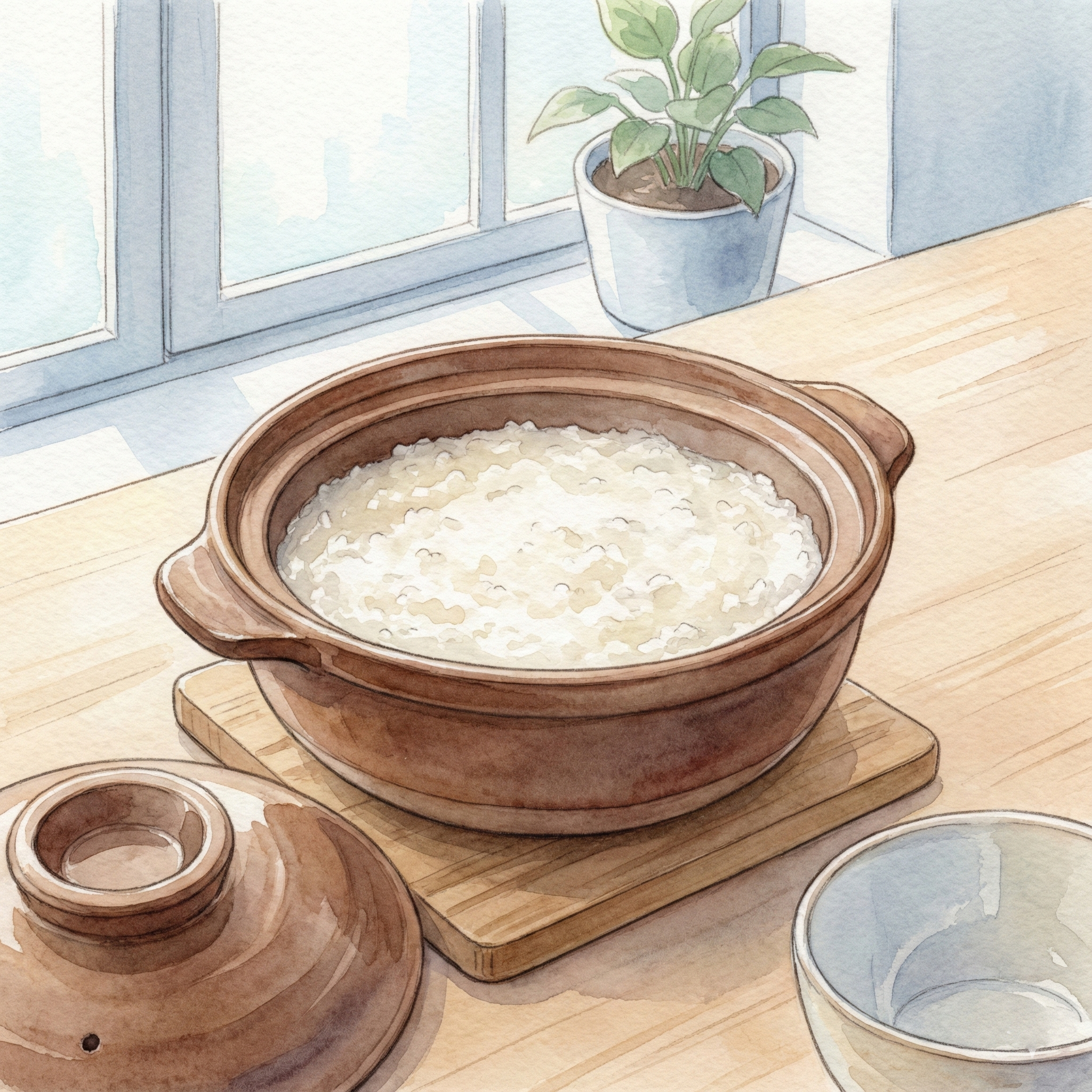 Illustration of a donabe cooling overnight with rice porridge still inside
