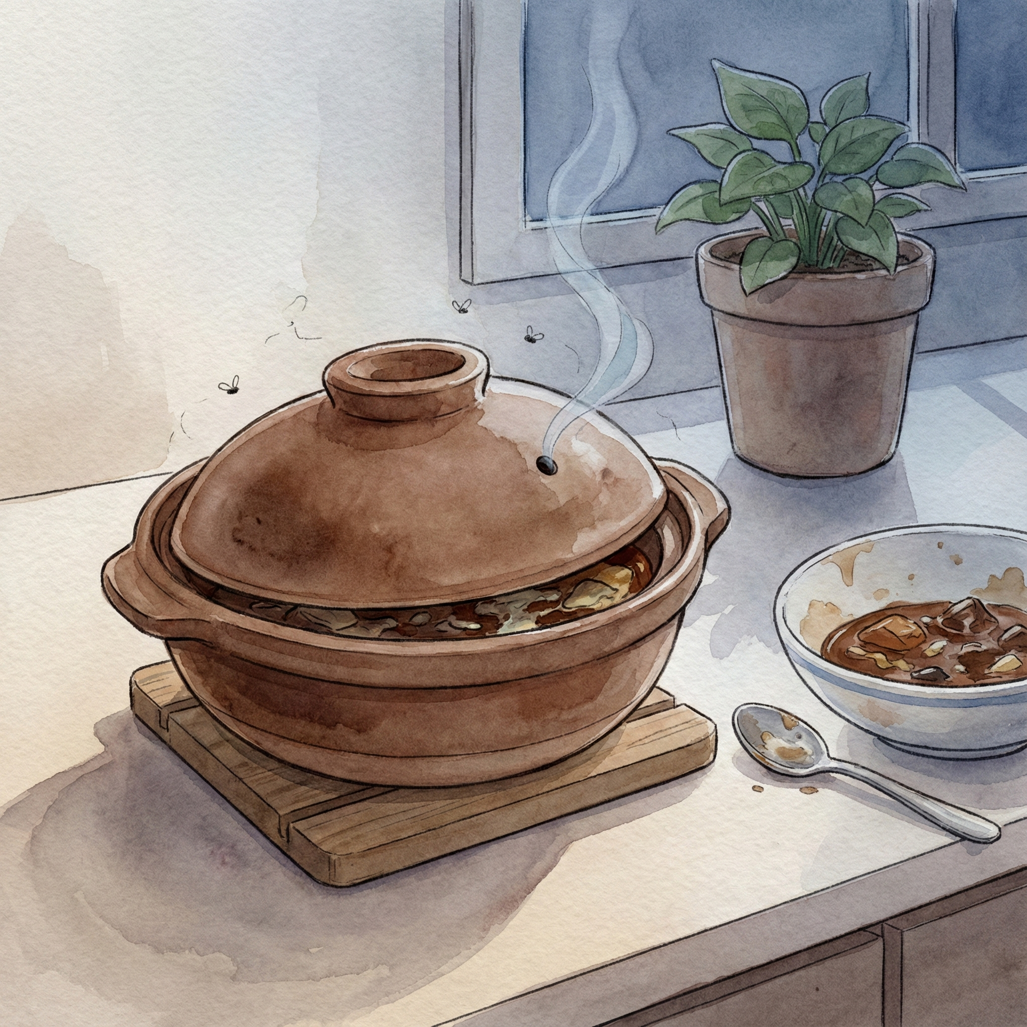 Illustration of a donabe left with food inside overnight — an example of what not to do