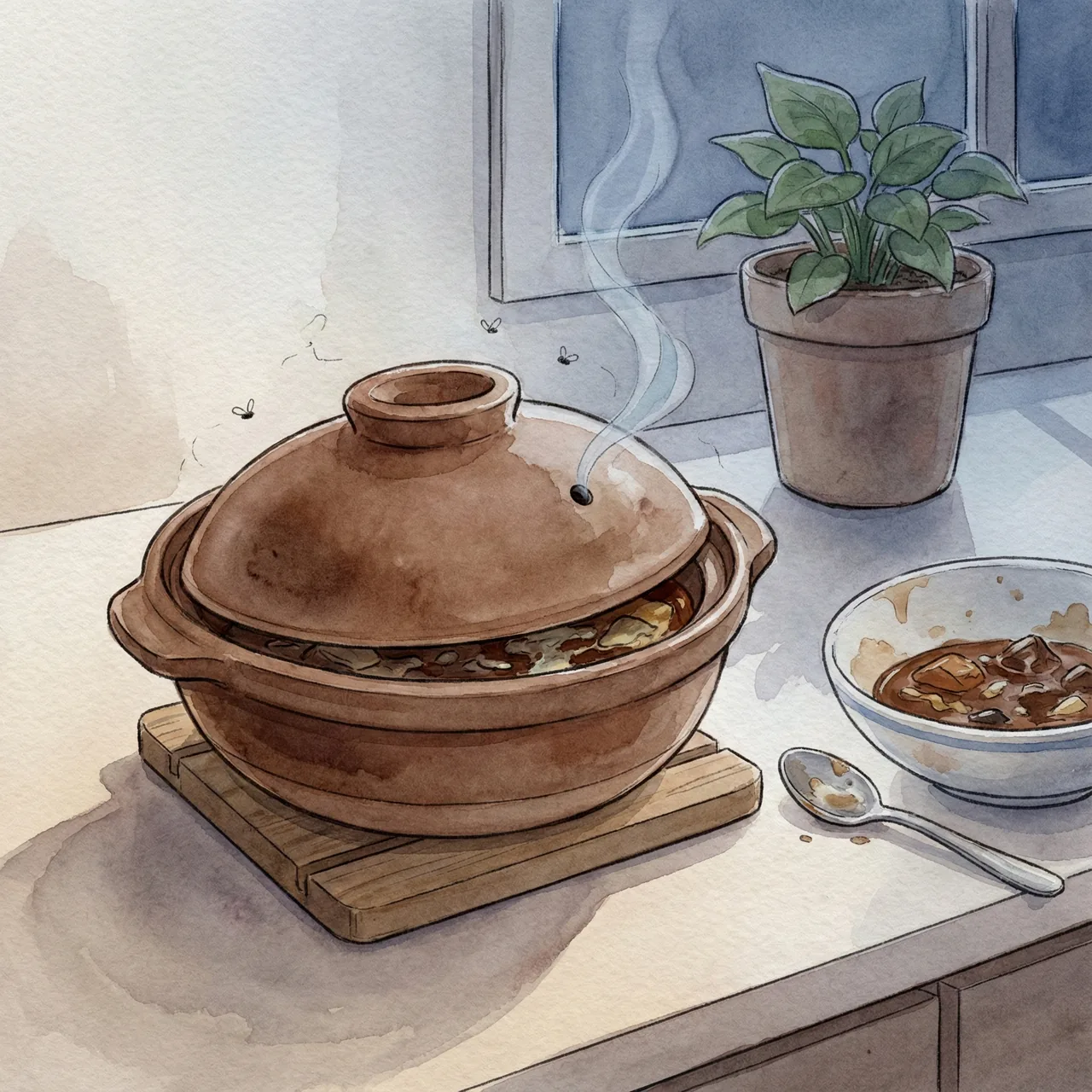 Illustration of a donabe left with food inside overnight — an example of what not to do