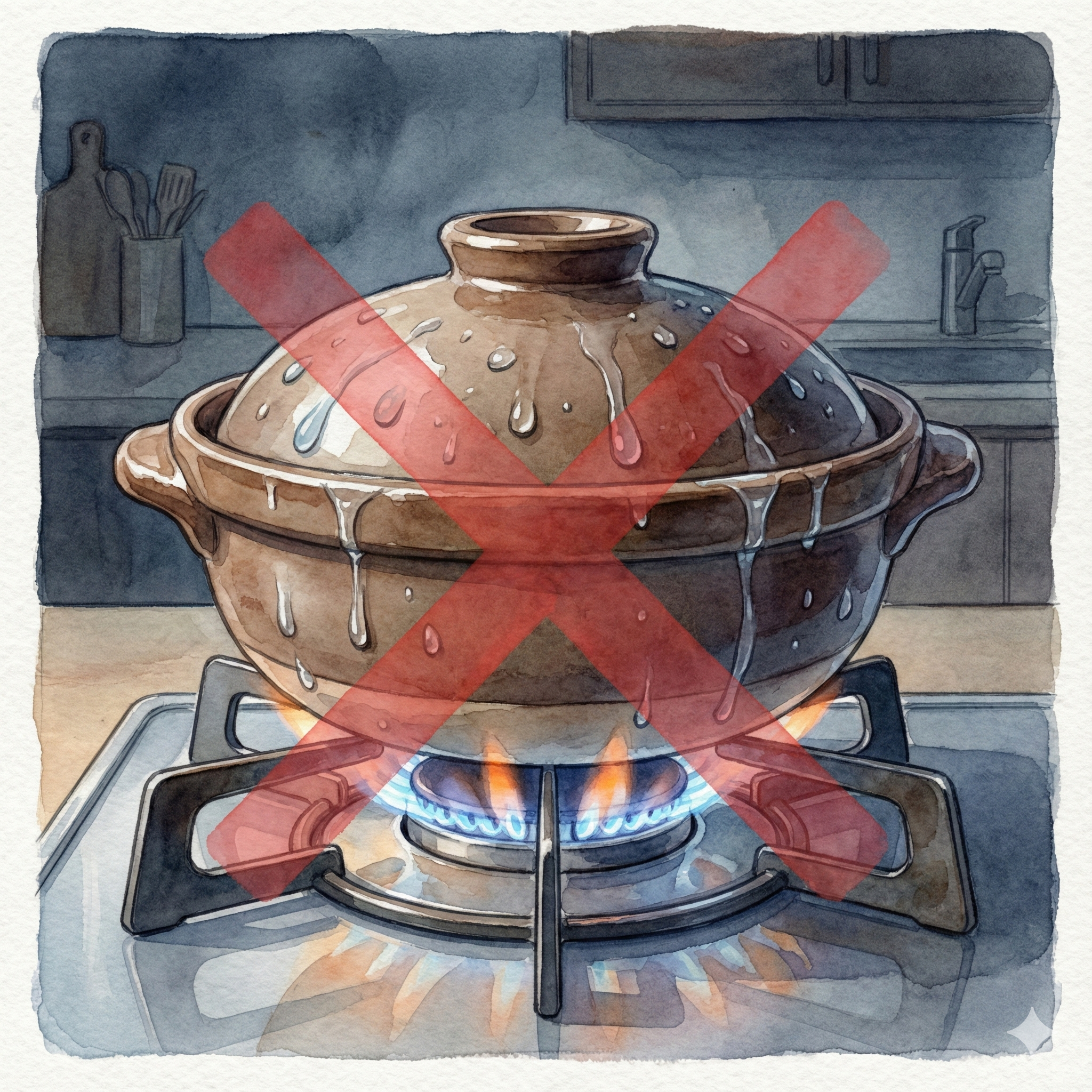 Illustration of a donabe with a wet bottom being placed on a burner — an example of what not to do