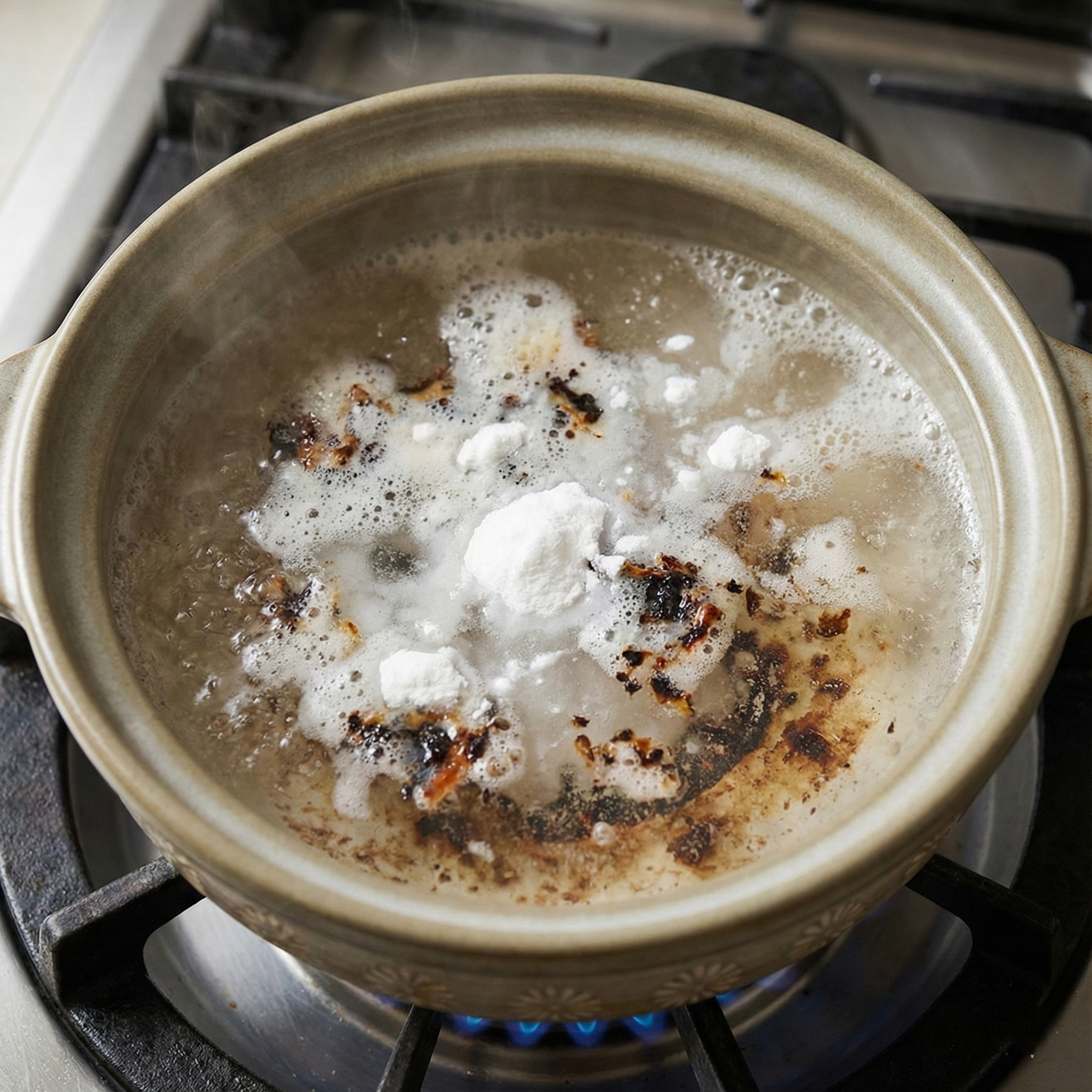 Illustration of a donabe with baking soda water simmering to loosen scorched residue