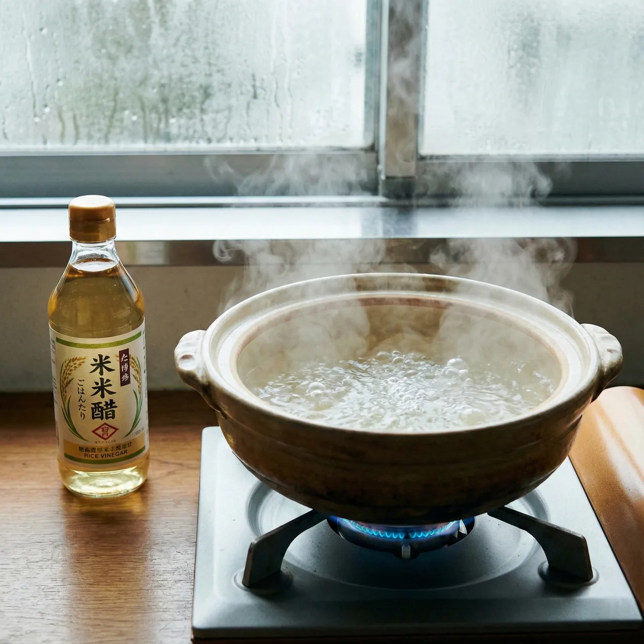 Illustration of a donabe simmering with water and vinegar to remove mold and odor