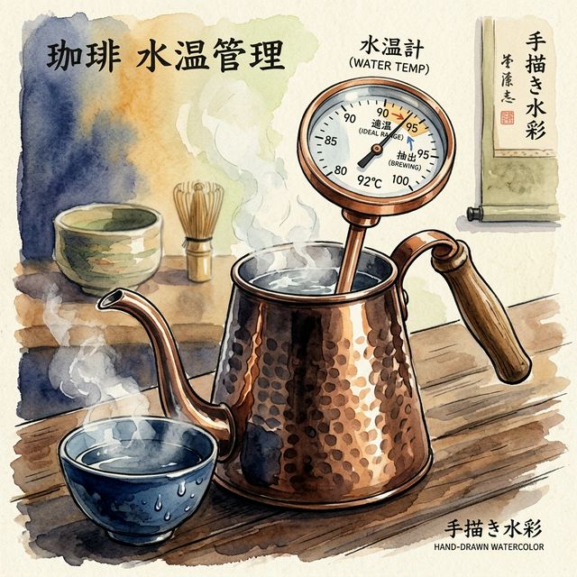 Watercolor illustration of a coffee thermometer and narrow-spout drip kettle at the correct brewing temperature