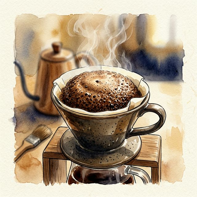 Watercolor illustration of coffee grounds blooming and puffing up during the 30-second bloom phase