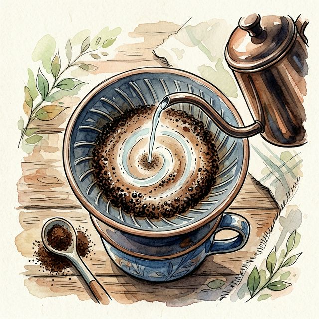 Watercolor illustration of the circular pour path from center outward over coffee grounds in a dripper