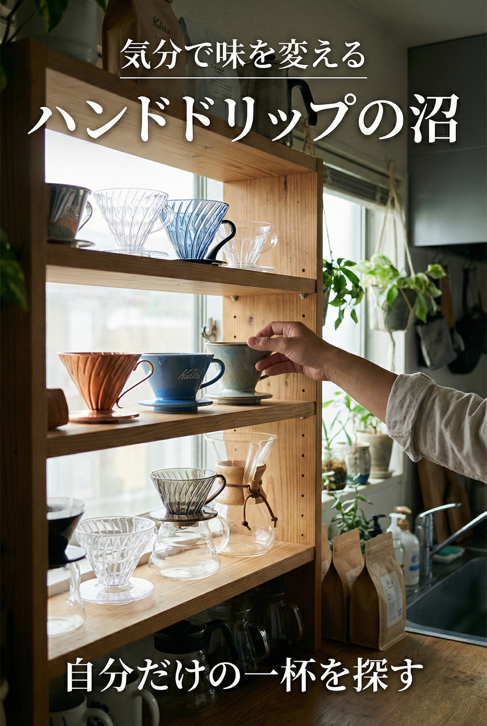 A kitchen shelf with several drippers — Kalita, HARIO, and KONO — arranged as a personal collection