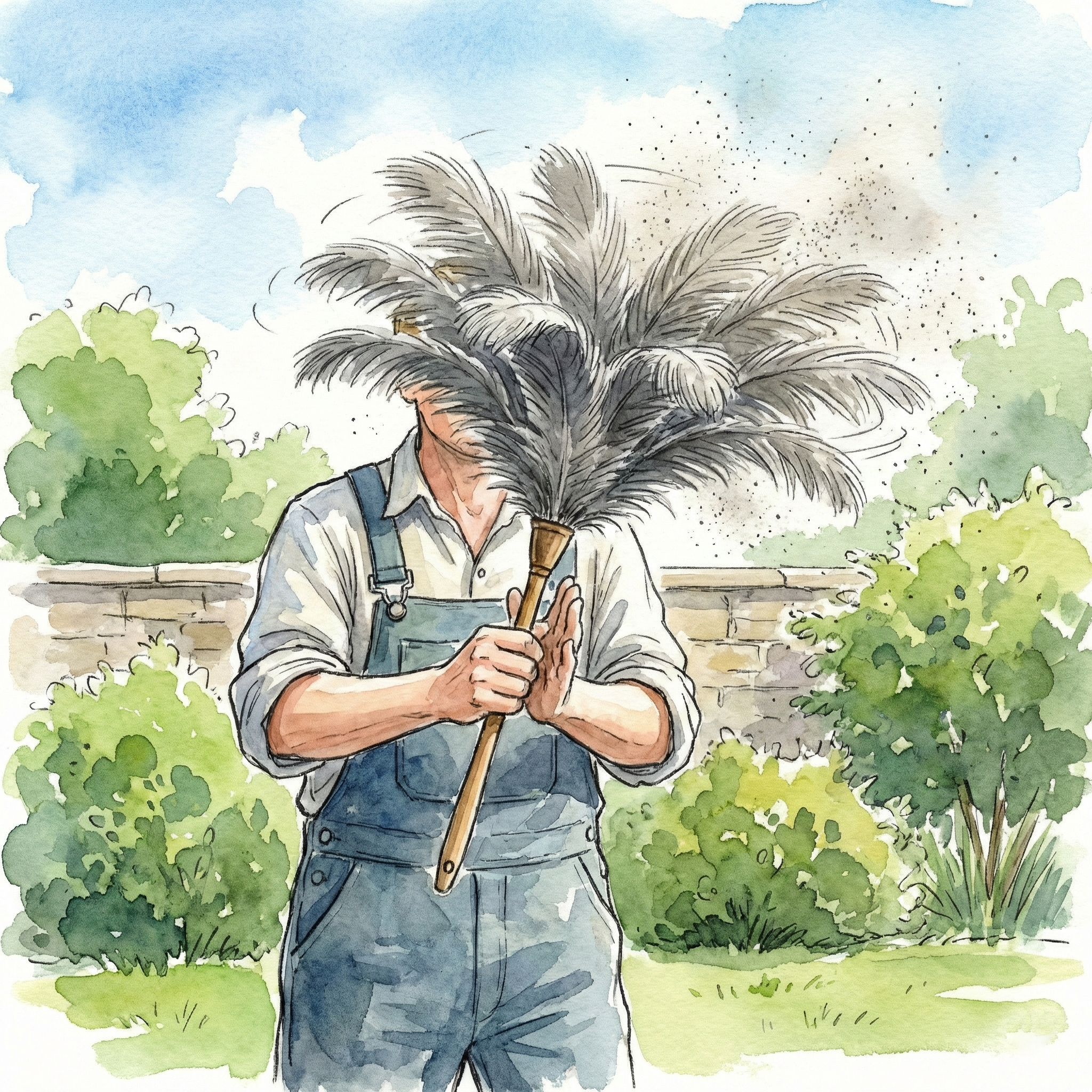 Illustration of someone outdoors spinning the handle of an ostrich duster between their palms to use centrifugal force to release dust