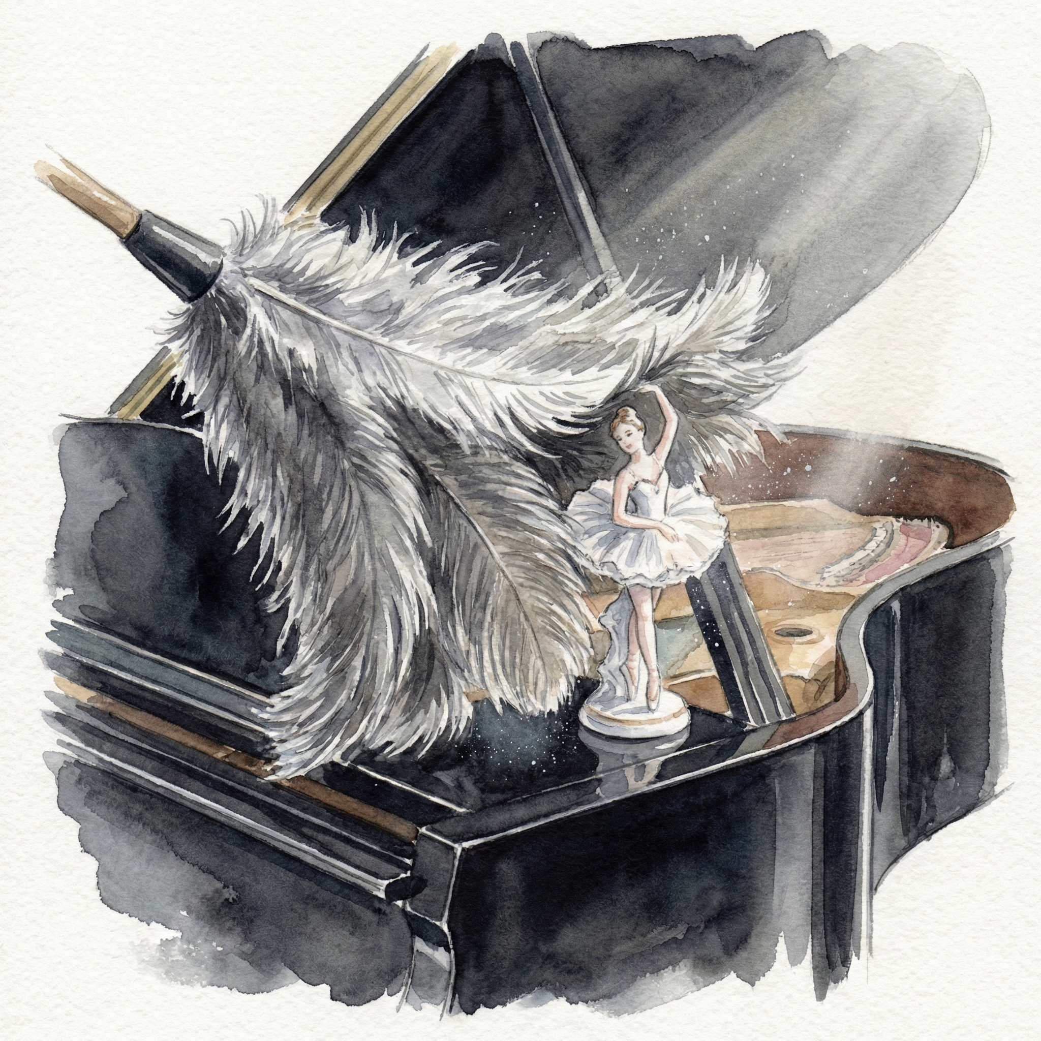 Illustration of a fluffy ostrich feather duster gently stroking the surface of a piano without leaving a scratch