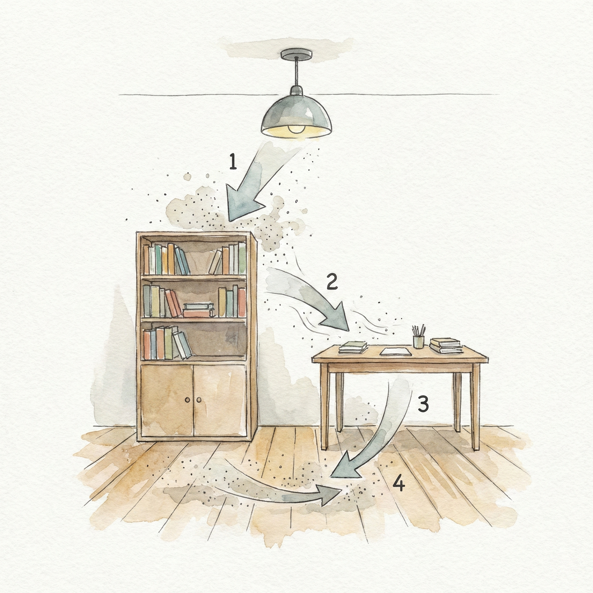 Illustration of the top-to-bottom cleaning sequence: lamp shade, bookshelf, then floor — dust settling downward at each step