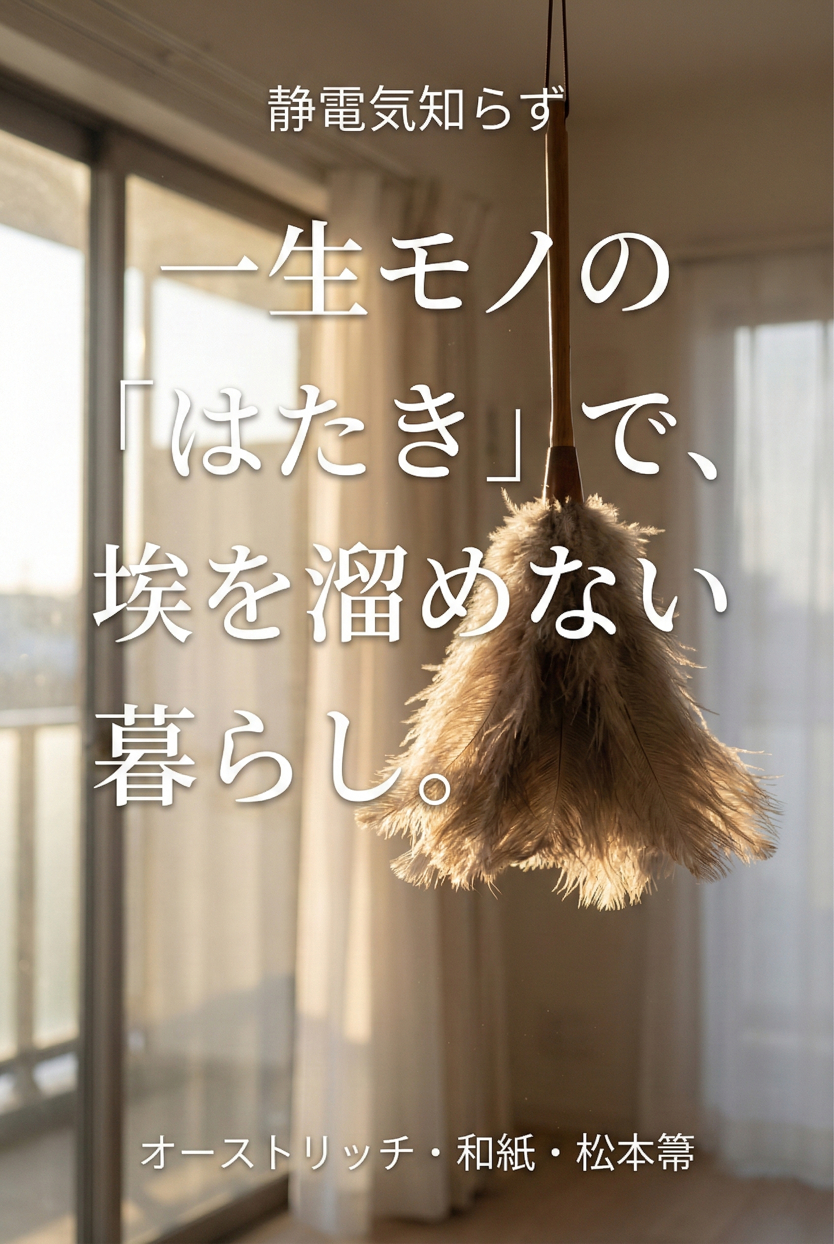 An ostrich feather duster hanging beside antique furniture, light filtering through the window — a dust-free, serene space