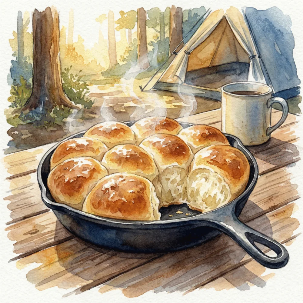 Fluffy pull-apart rolls freshly baked in a cast-iron skillet, steam rising in morning light