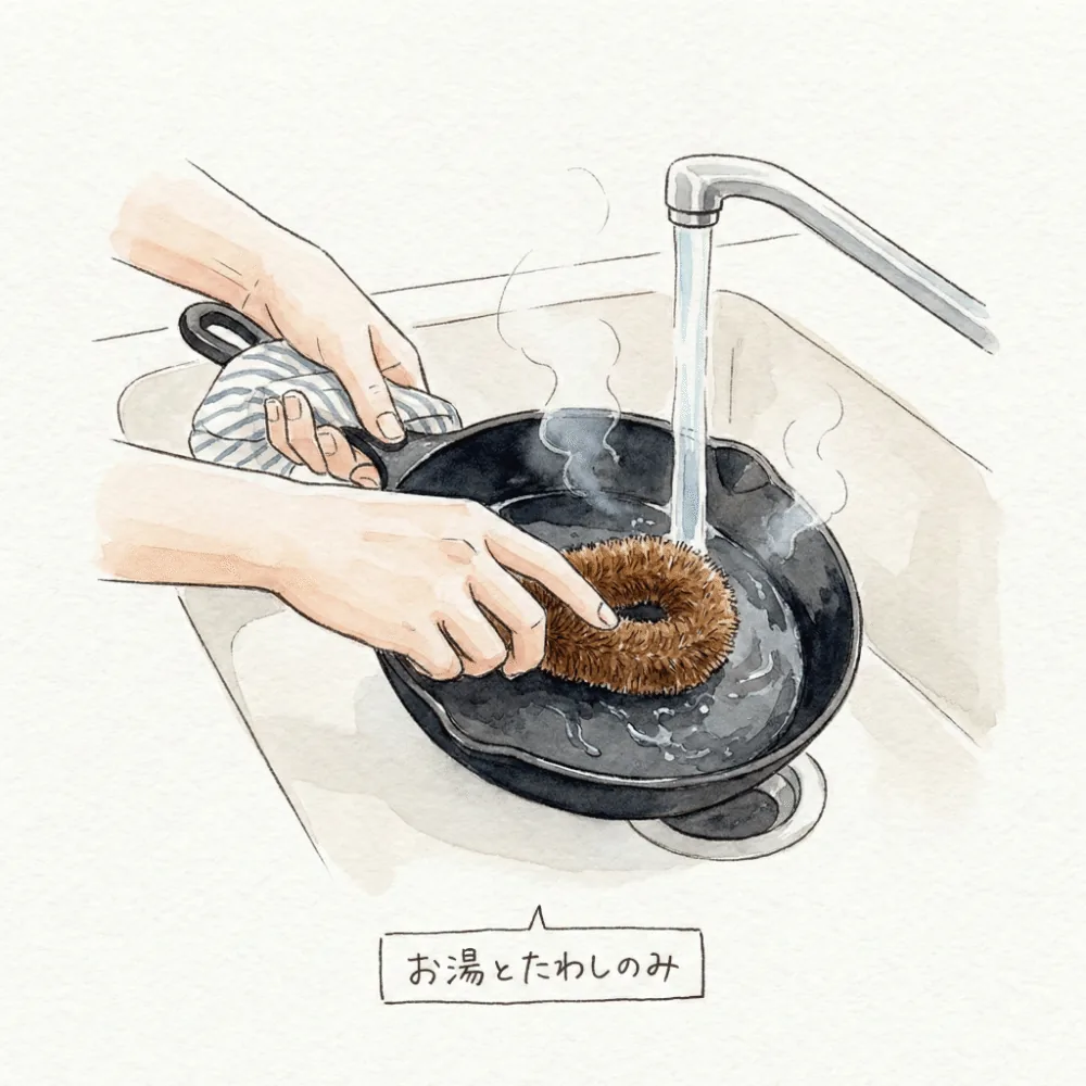 Washing a cast-iron skillet with a brush and hot water, no detergent
