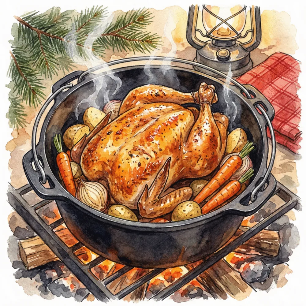 A beautifully roasted whole chicken with potatoes inside a Dutch oven at camp